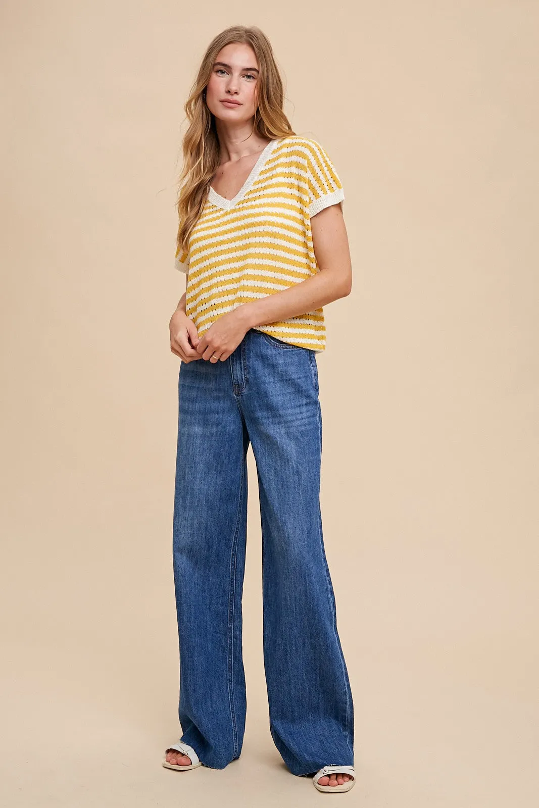 Mustard Striped Knit V-Neck Short Sleeve Top sold by Pinkblush product image thumbnail 4