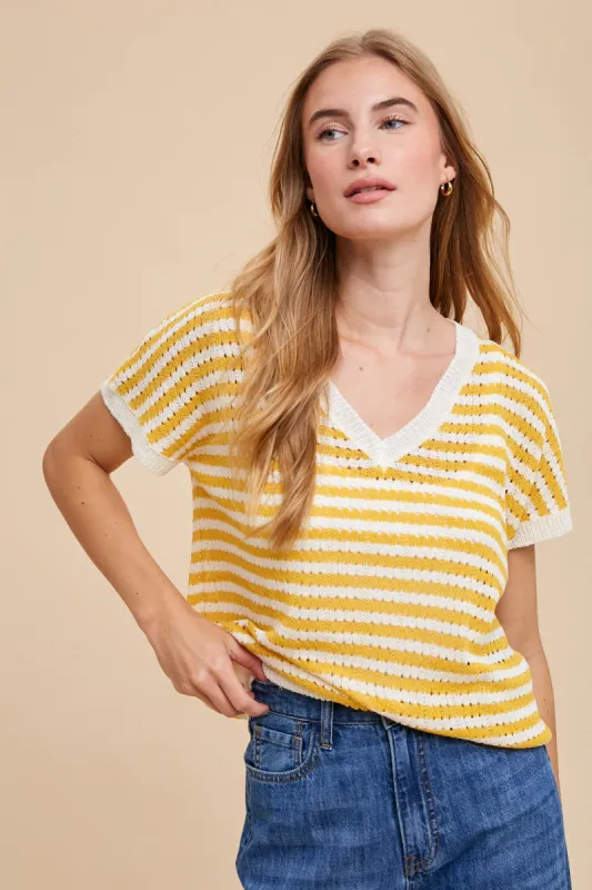 Mustard Striped Knit V-Neck Short Sleeve Top sold by Pinkblush