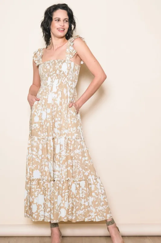 Beige Ruffle Sleeve Tiered Maxi Dress sold by Pinkblush