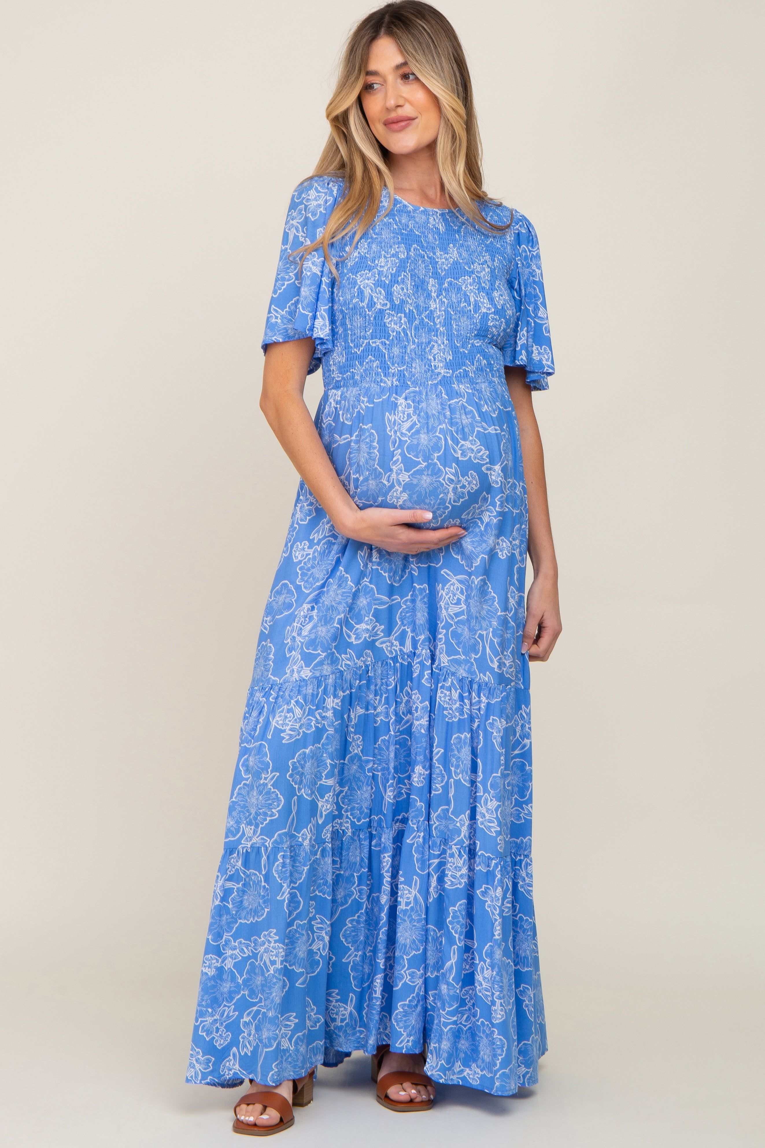 Blue Floral Flounce Sleeve Maternity Maxi Dress sold by Pinkblush