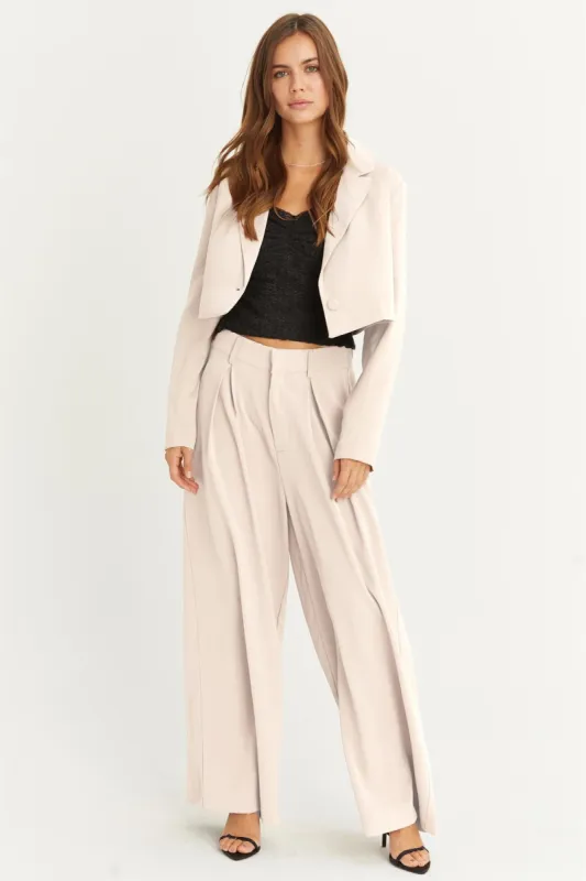 Cream Cropped Blazer And Wide Leg Pants Set sold by Pinkblush