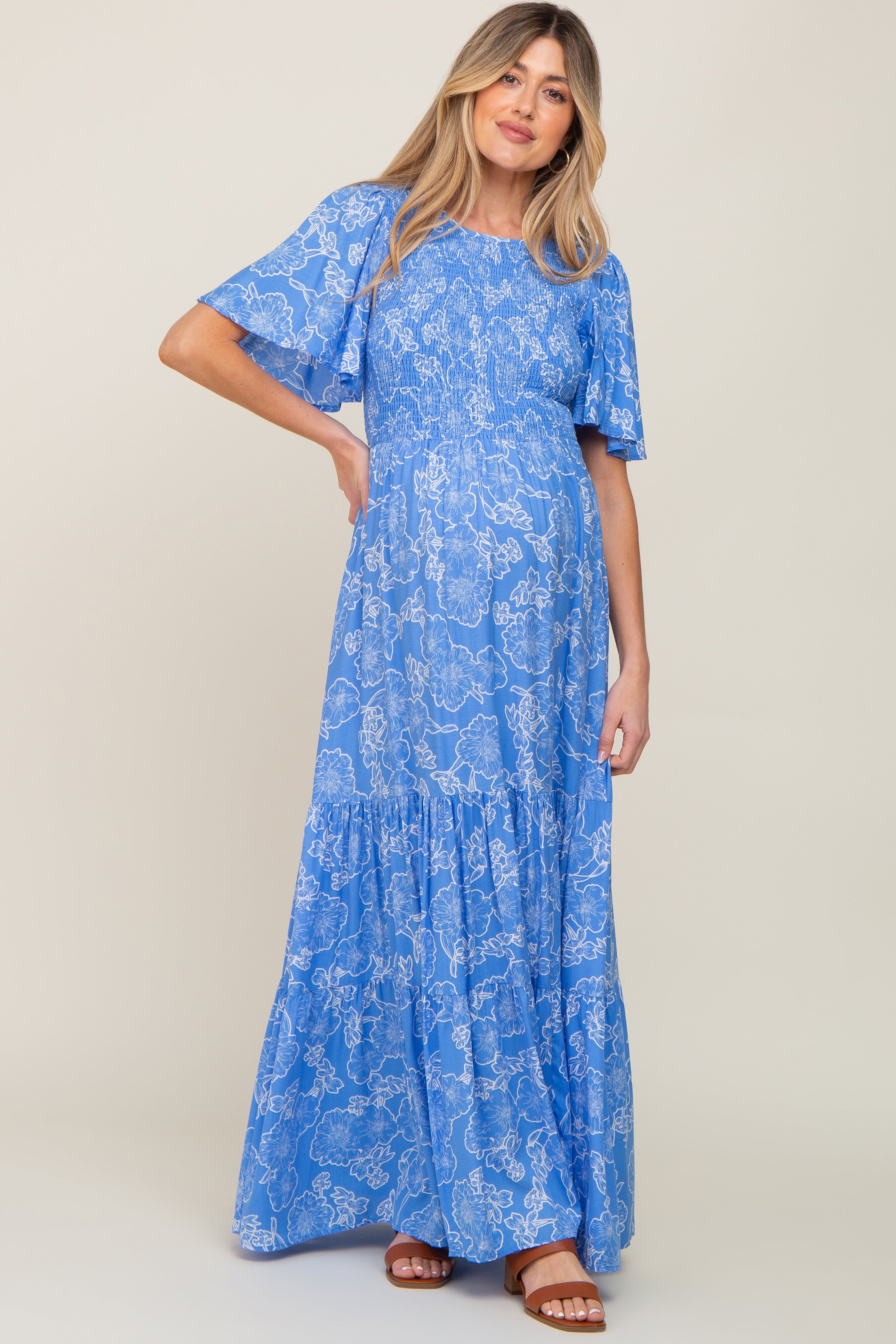 Blue Floral Flounce Sleeve Maternity Maxi Dress sold by Pinkblush product image thumbnail 5