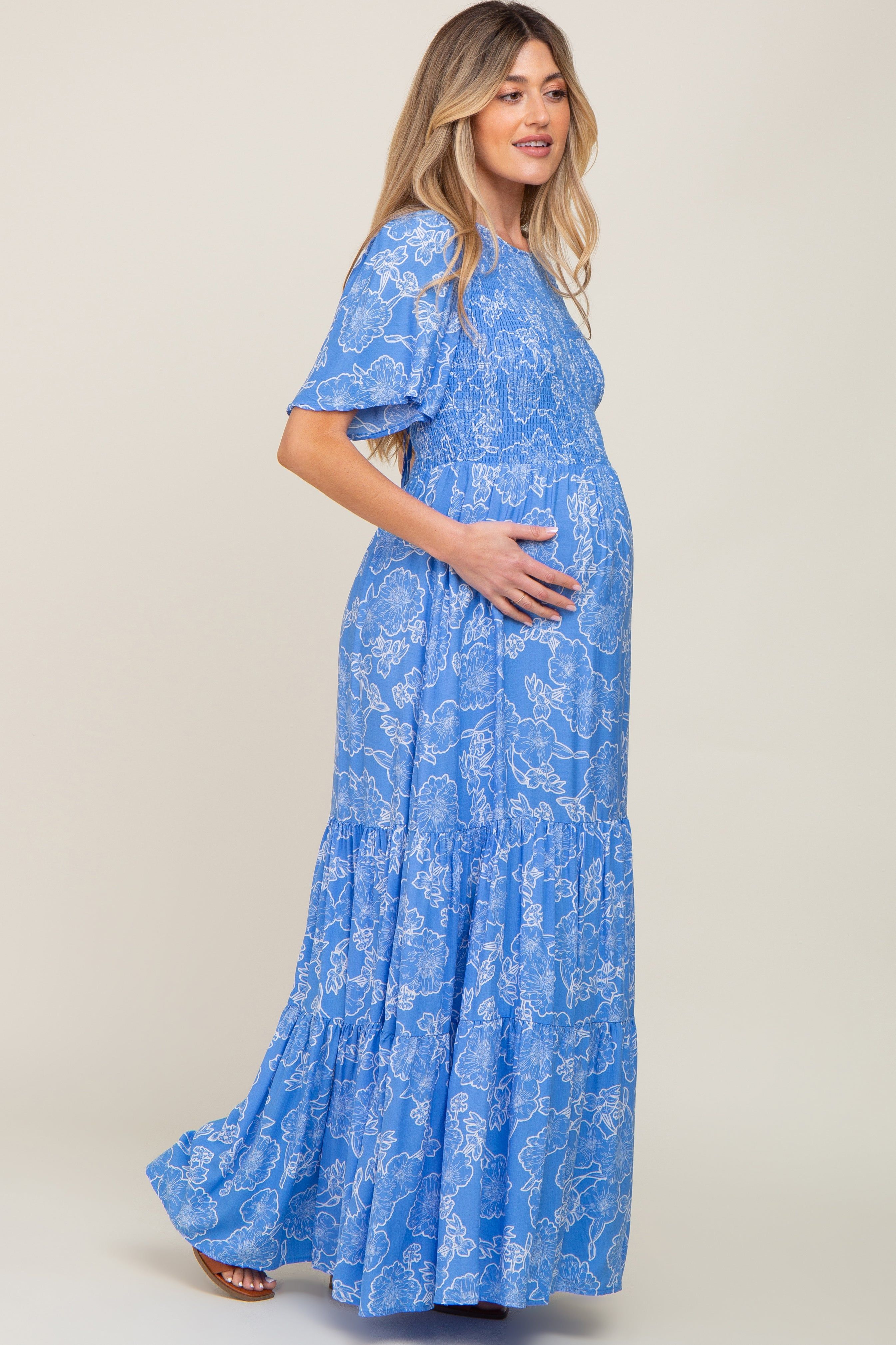 Blue Floral Flounce Sleeve Maternity Maxi Dress sold by Pinkblush product image thumbnail 2