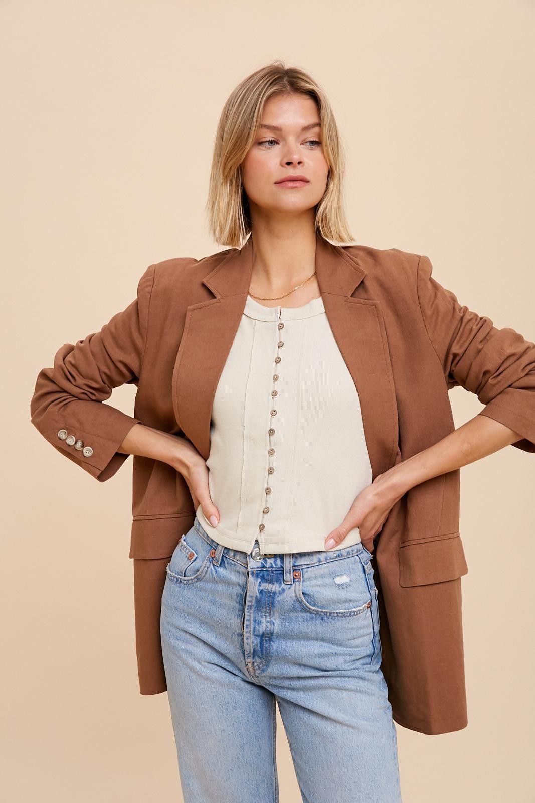 Brown Linen Front Pocket Blazer sold by Pinkblush product image thumbnail 2