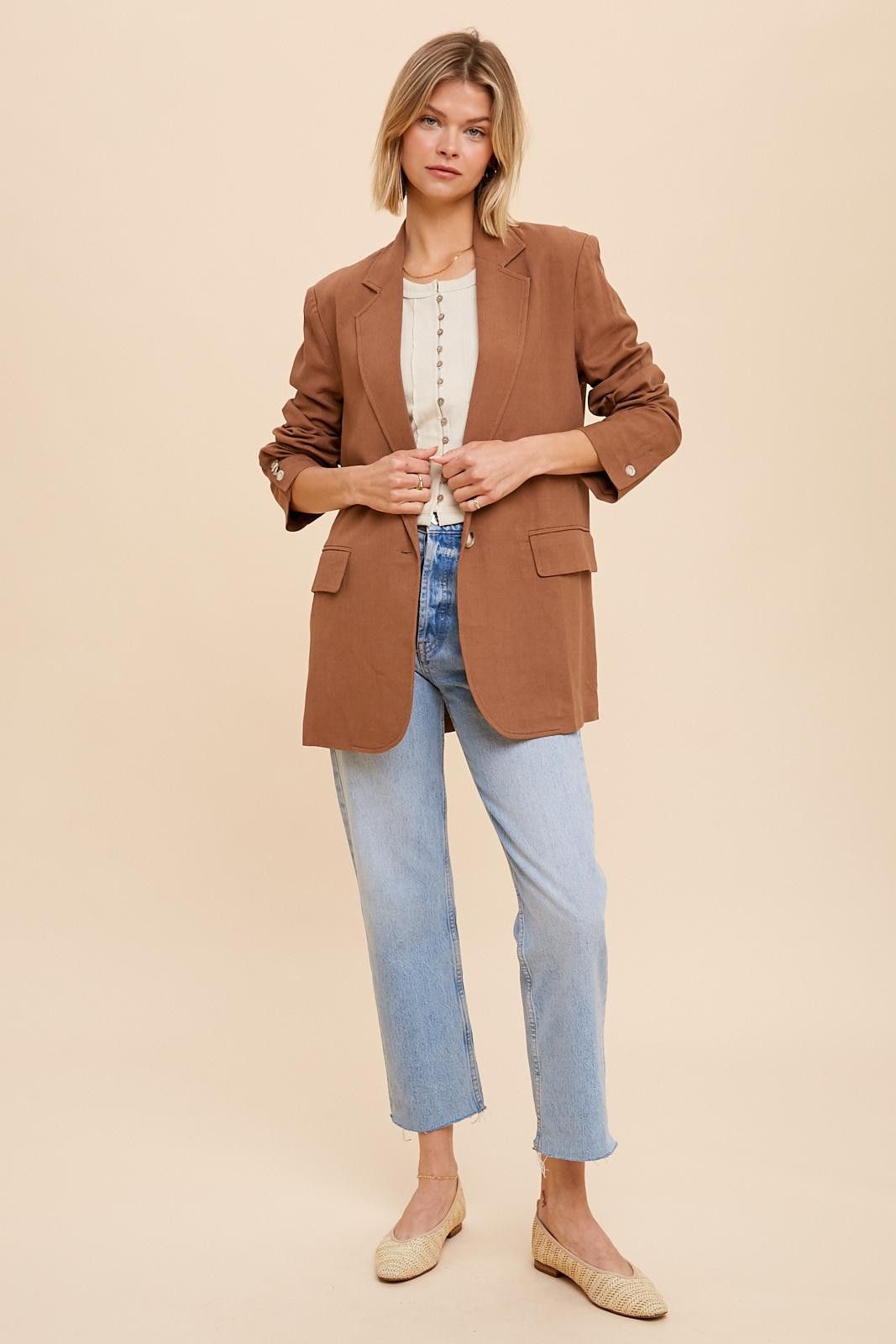 Brown Linen Front Pocket Blazer sold by Pinkblush product image thumbnail 3