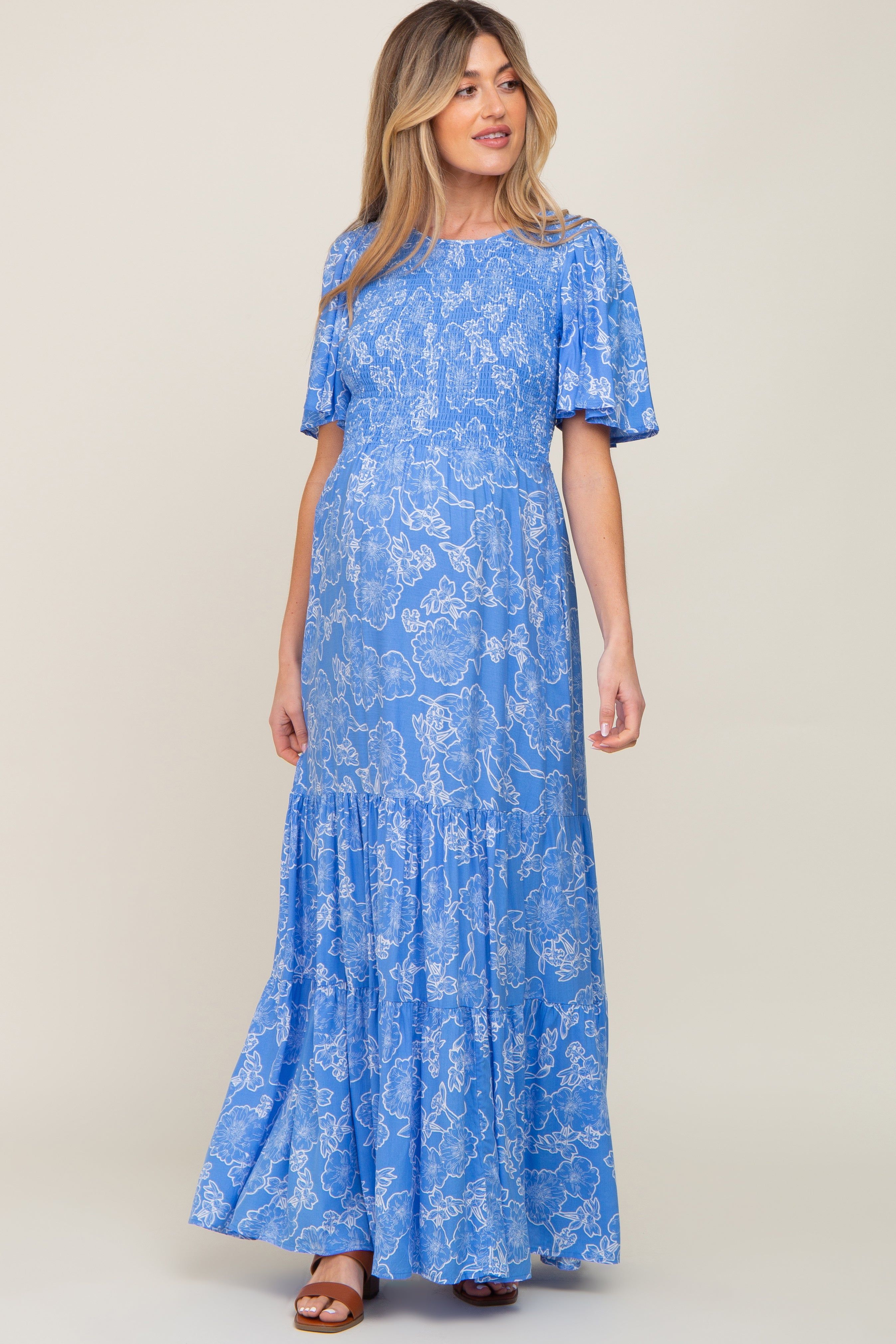 Blue Floral Flounce Sleeve Maternity Maxi Dress sold by Pinkblush product image thumbnail 4
