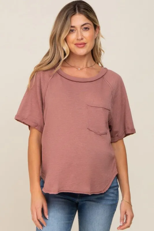 Rust Front Pocket Raw Edge Trim Short Sleeve Maternity Top sold by Pinkblush