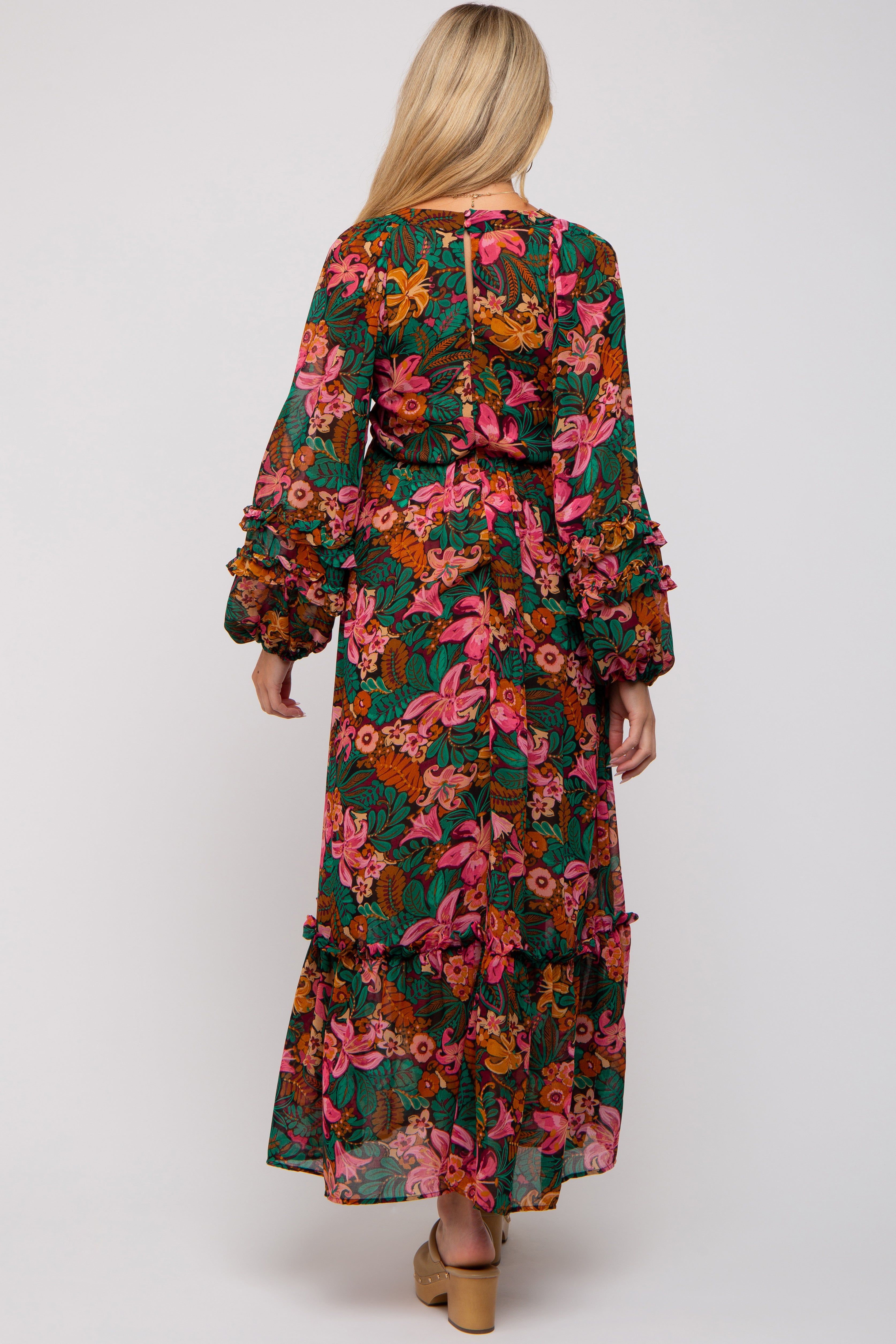 Camel Floral Ruffle Accent Deep V-Neck Maternity Maxi Dress sold by Pinkblush product image thumbnail 4