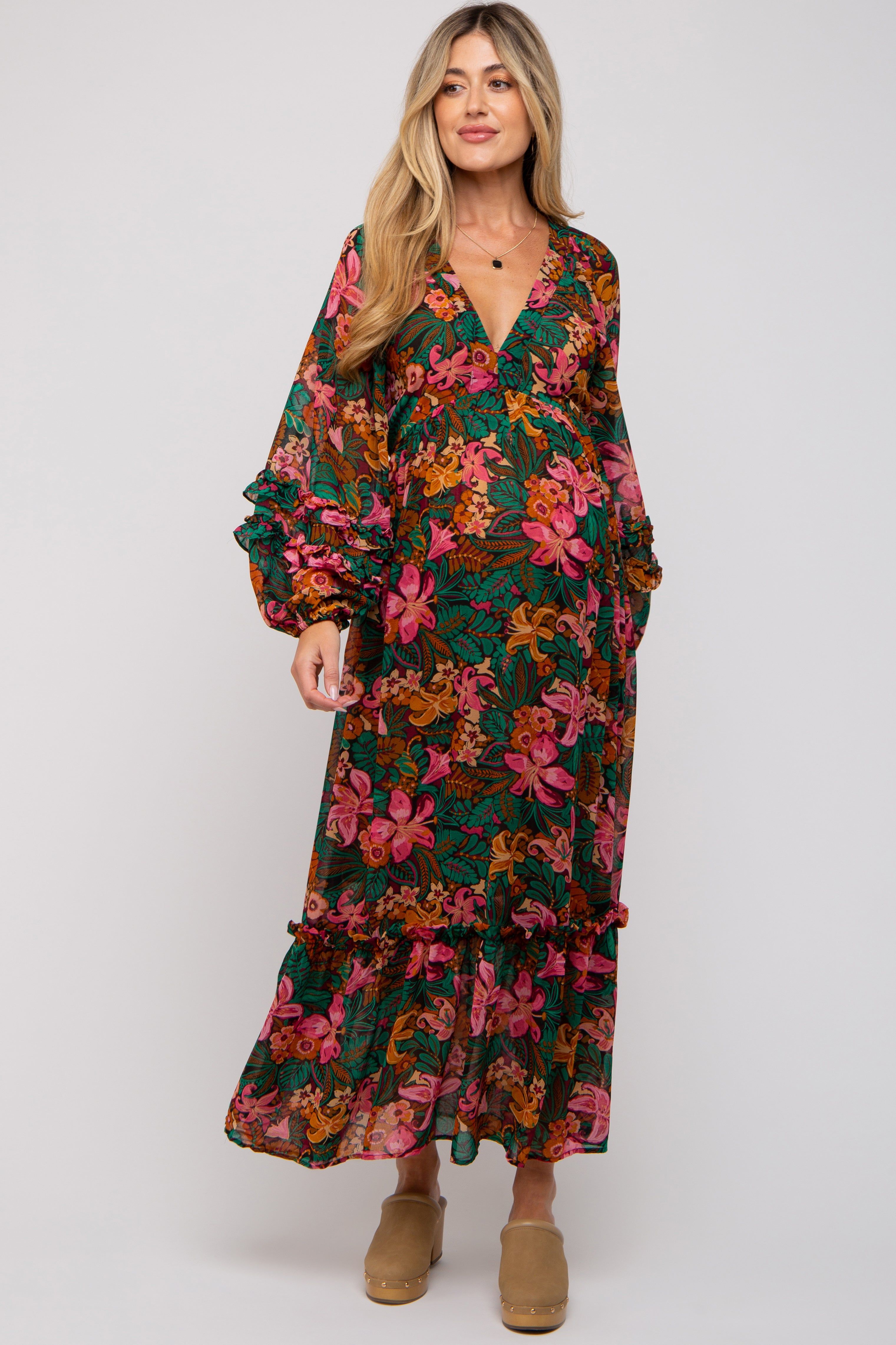 Camel Floral Ruffle Accent Deep V-Neck Maternity Maxi Dress sold by Pinkblush