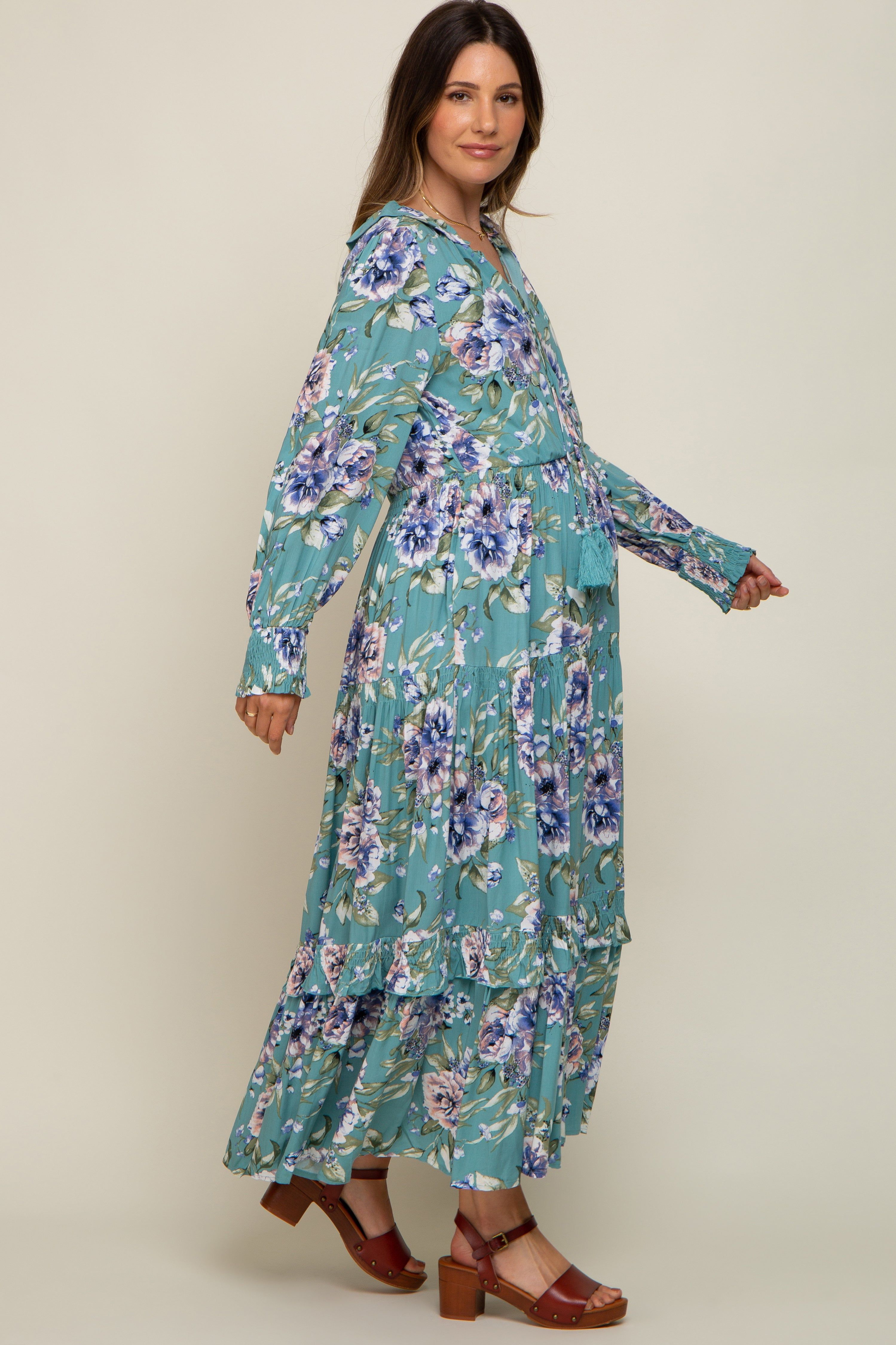 Jade Floral Smocked Ruffle Neck Maternity Maxi Dress sold by Pinkblush product image thumbnail 2