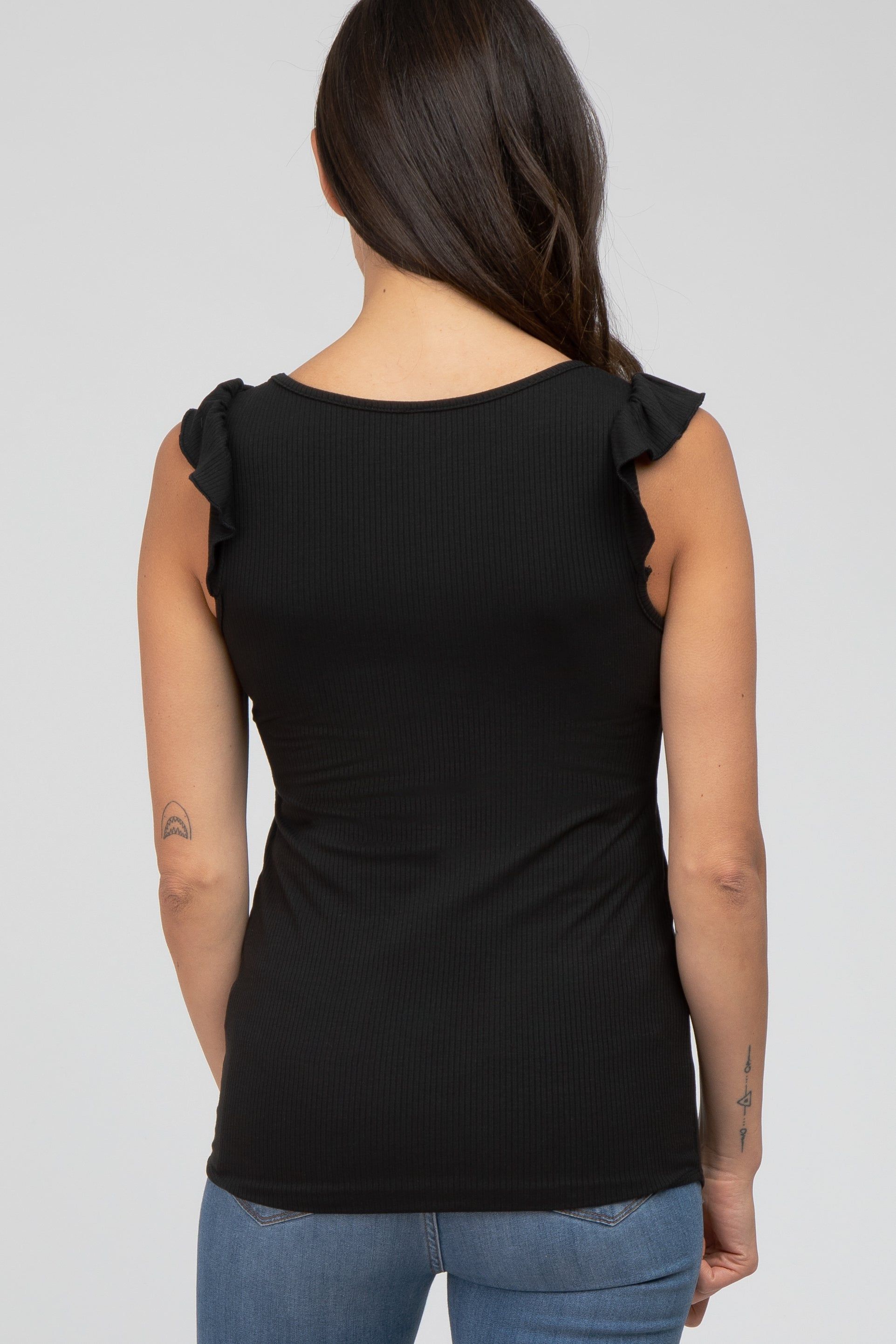 Black Ribbed Ruffle Shoulder Tank Top sold by Pinkblush product image thumbnail 3