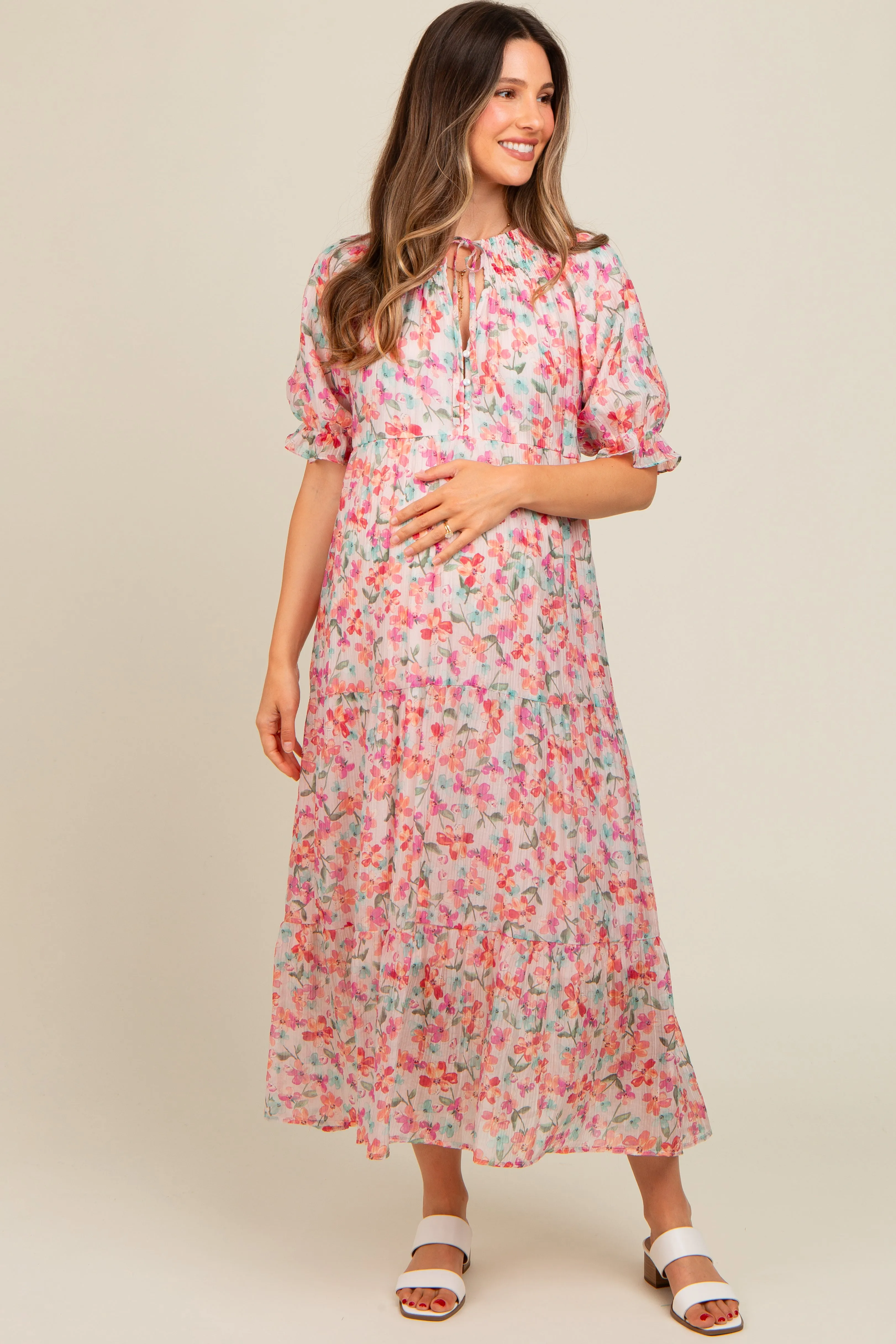Light Pink Floral Front Tie Button Up Maternity Maxi Dress sold by Pinkblush