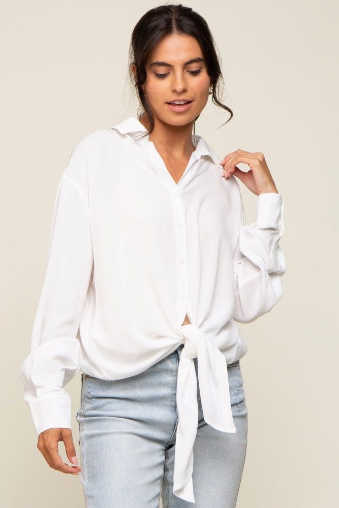 White Collared Button Down Knotted Shirt sold by Pinkblush