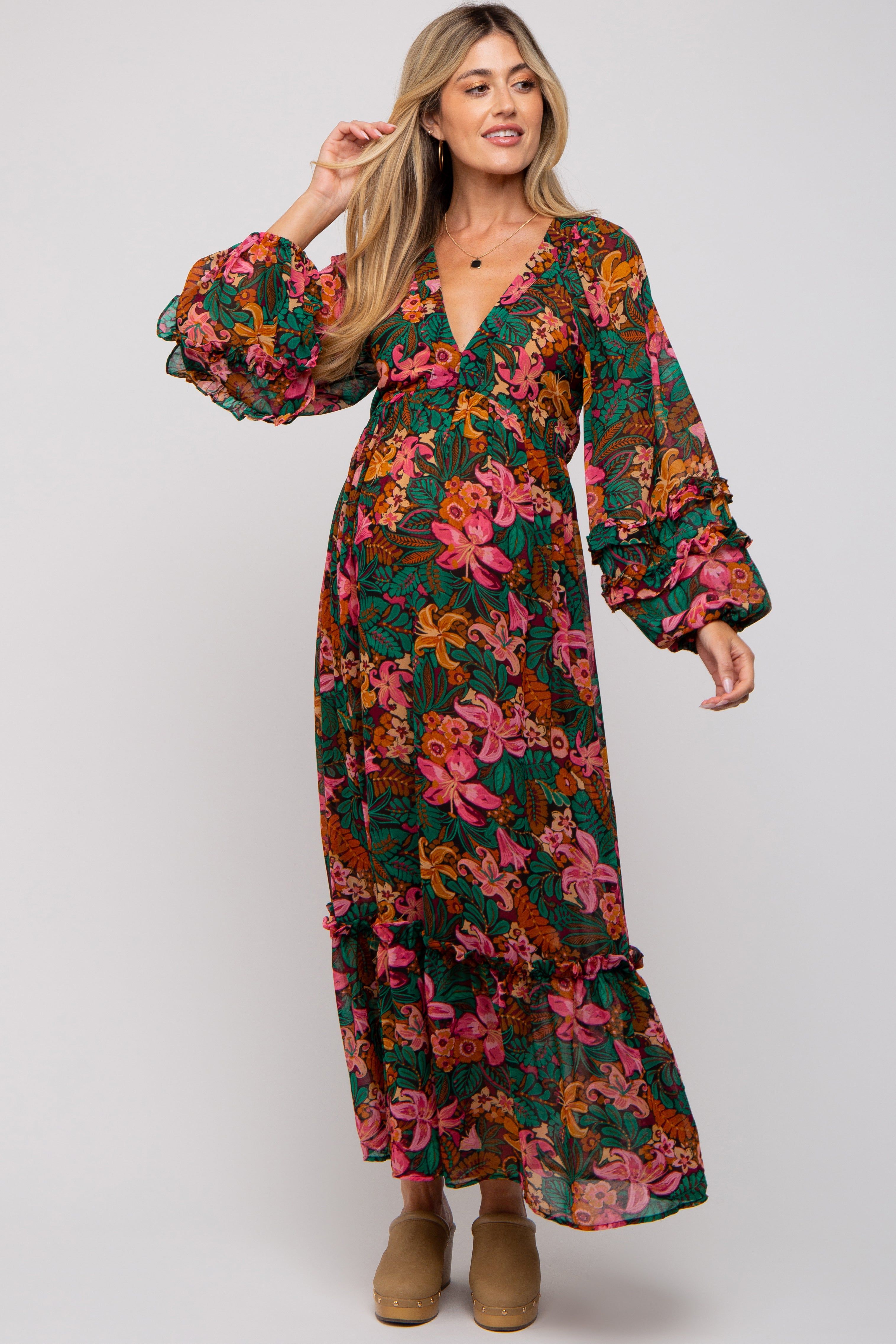 Camel Floral Ruffle Accent Deep V-Neck Maternity Maxi Dress sold by Pinkblush product image thumbnail 5
