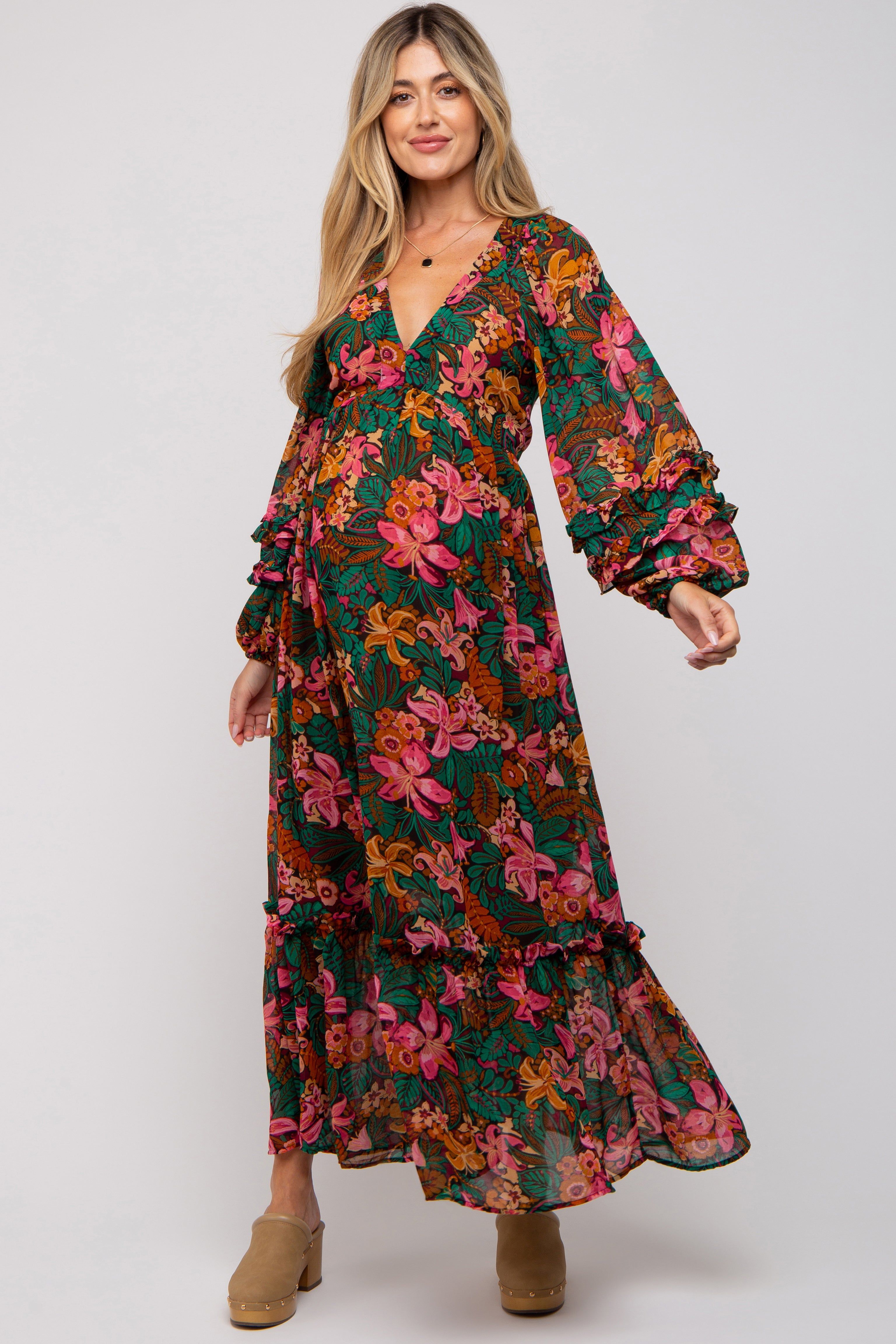 Camel Floral Ruffle Accent Deep V-Neck Maternity Maxi Dress sold by Pinkblush product image thumbnail 2