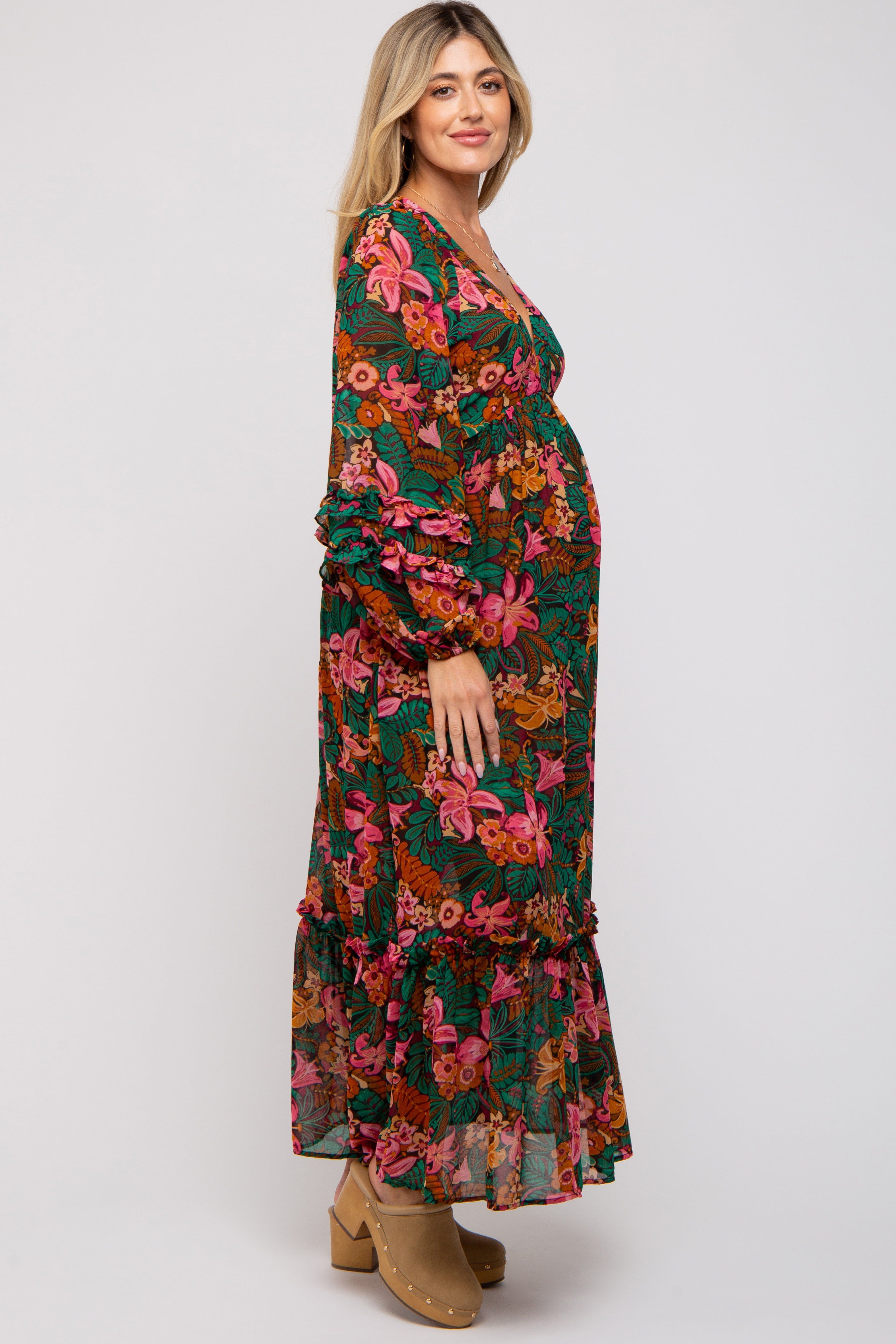 Camel Floral Ruffle Accent Deep V-Neck Maternity Maxi Dress sold by Pinkblush product image thumbnail 3