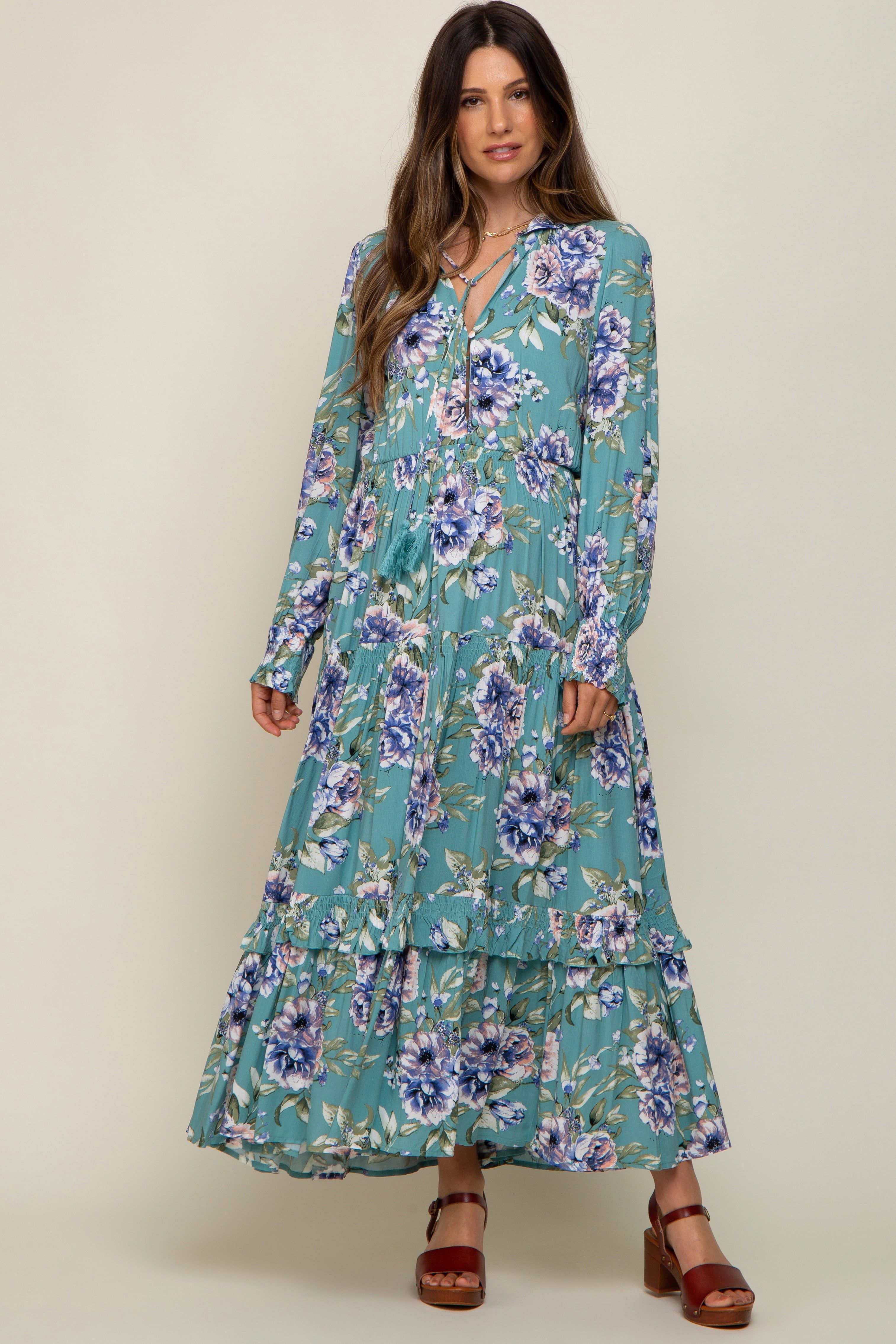 Jade Floral Smocked Ruffle Neck Maternity Maxi Dress sold by Pinkblush