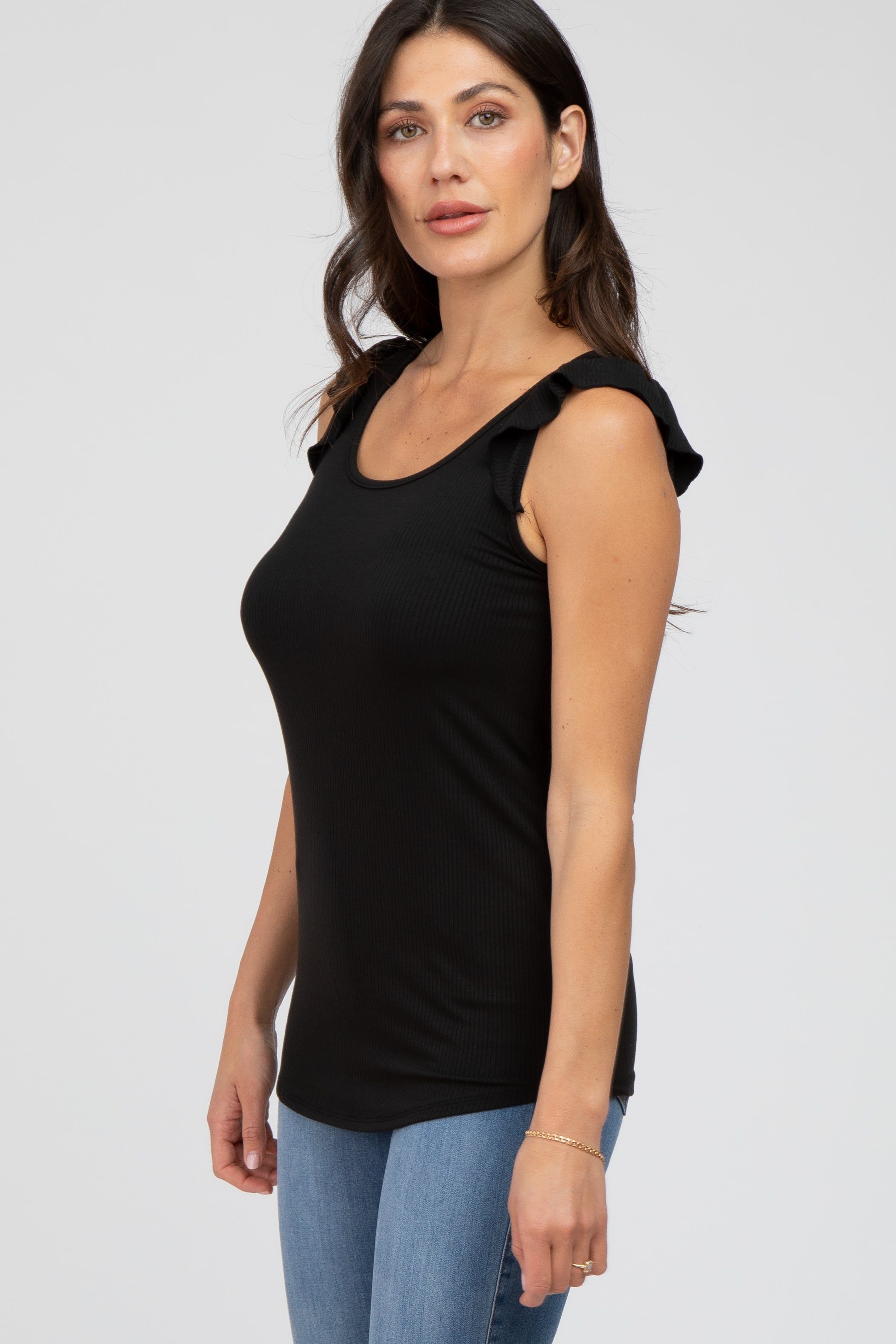 Black Ribbed Ruffle Shoulder Tank Top sold by Pinkblush product image thumbnail 2