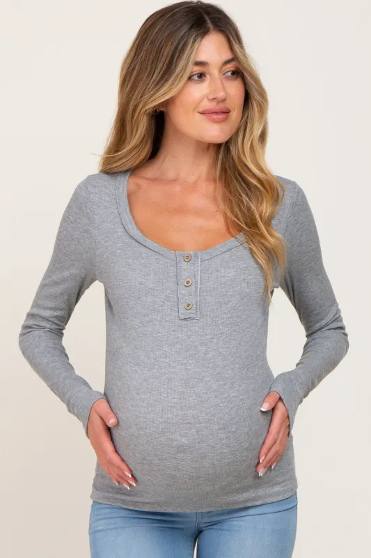 Heather Grey Ribbed Button Front Long Sleeve Maternity Top sold by Pinkblush