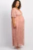 PinkBlush Light Pink Lace Mesh Overlay Plus Maternity Maxi Dress sold by Pinkblush