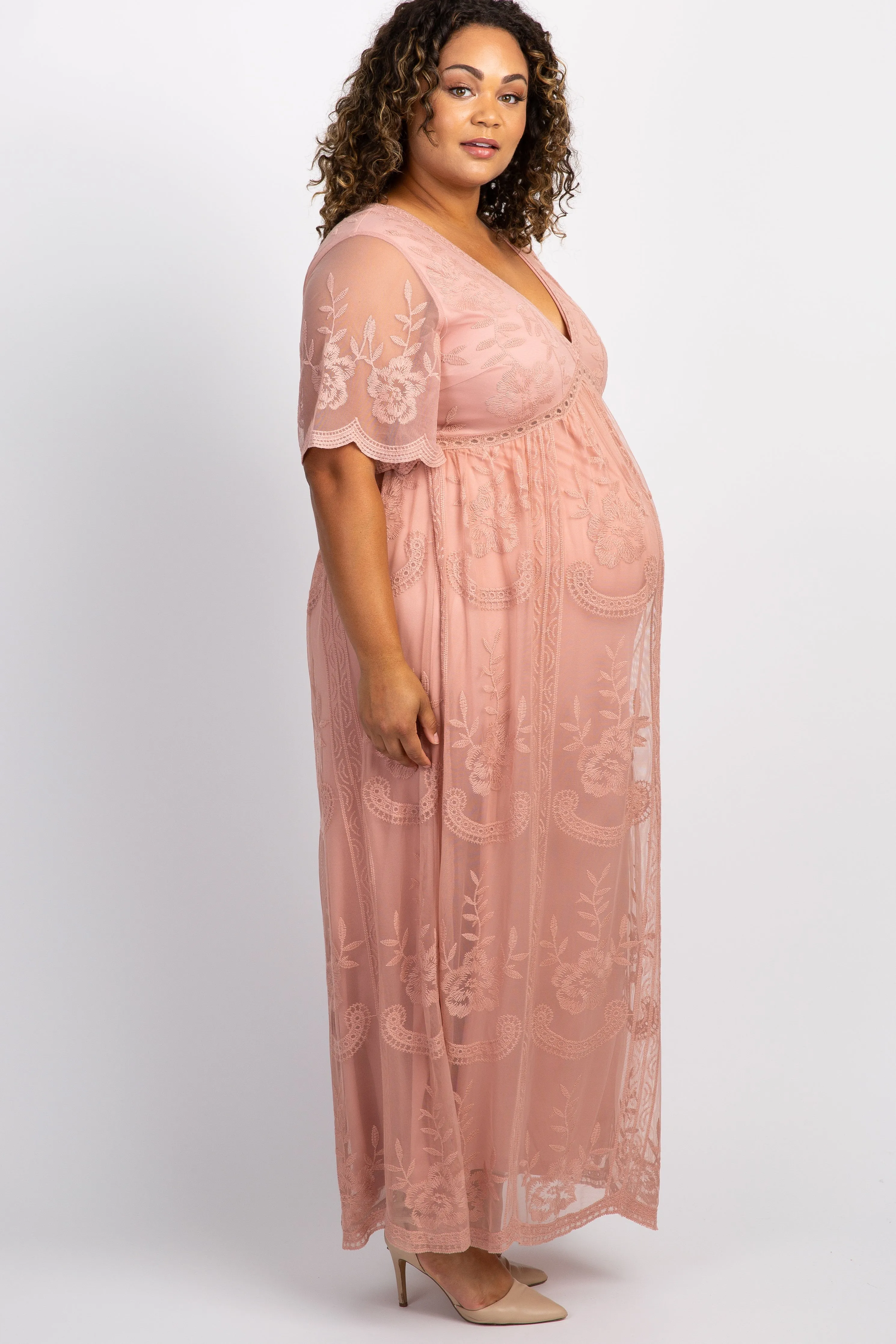 PinkBlush Light Pink Lace Mesh Overlay Plus Maternity Maxi Dress sold by Pinkblush product image thumbnail 3