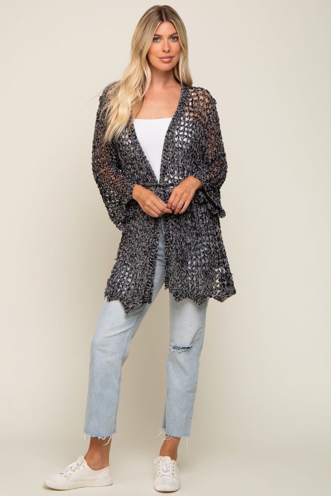 Black Open Knit Waist Tie Cardigan sold by Pinkblush product image thumbnail 4