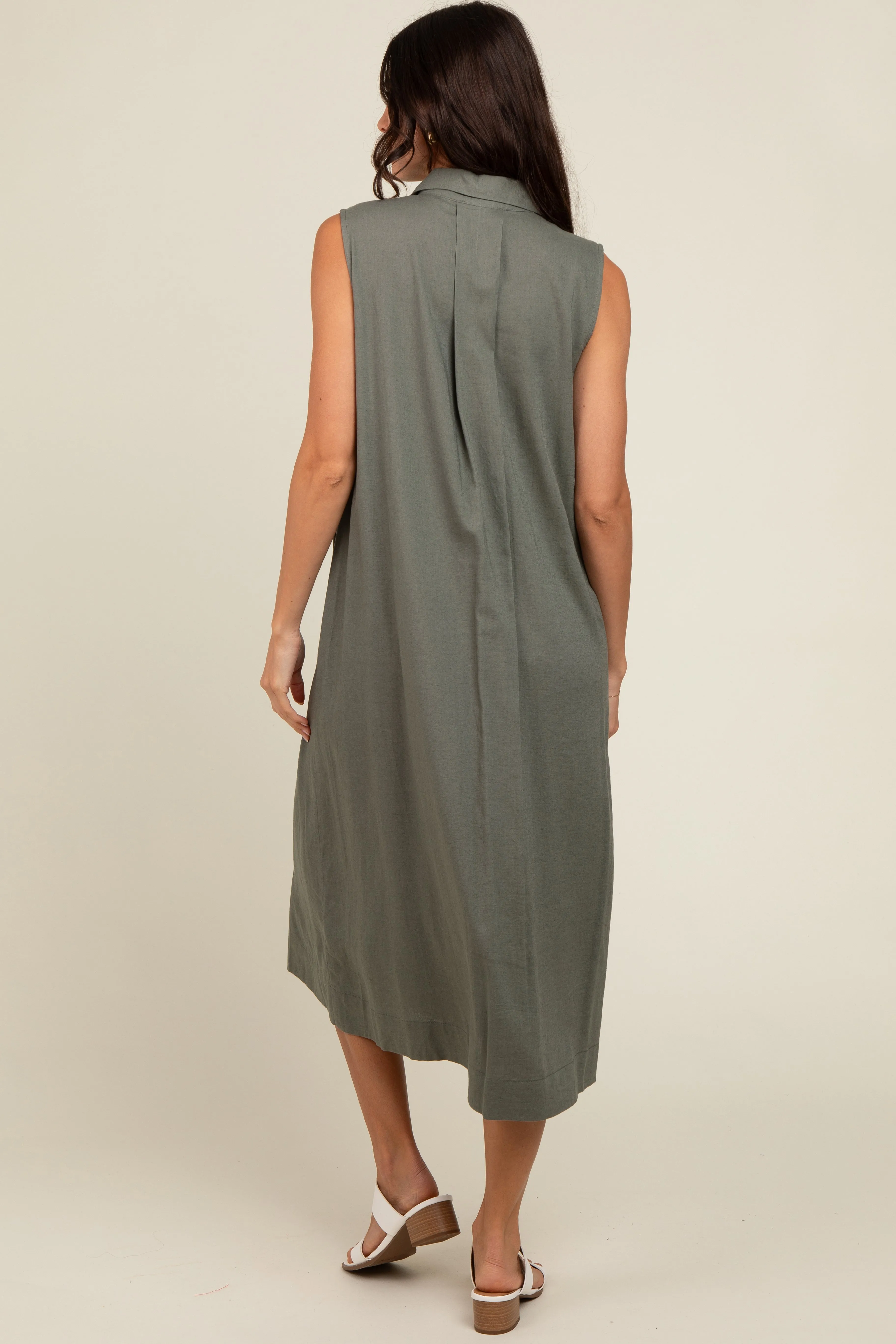Olive Linen Button Down Midi Dress sold by Pinkblush product image thumbnail 3