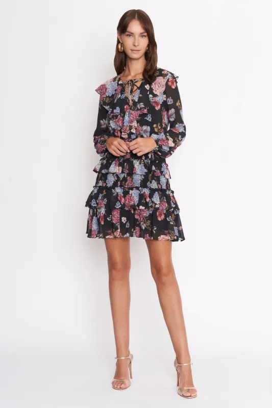 Black Floral Long Sleeve Ruffle Dress sold by Pinkblush