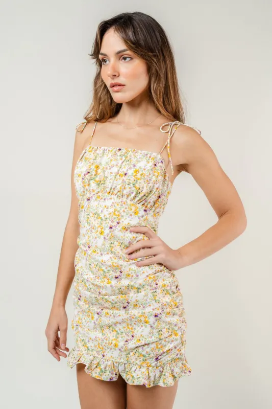 Yellow Lilac Floral Ruched Mini Dress sold by Pinkblush