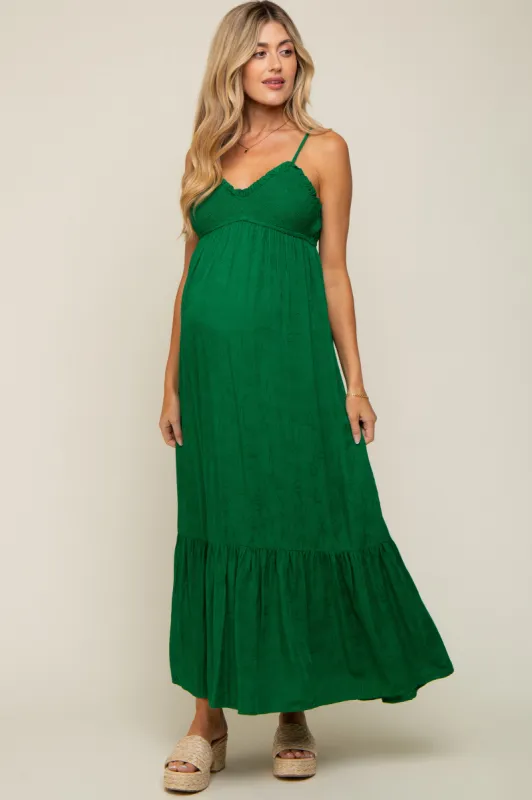 Green Floral Smocked Gathered Tier Maternity Maxi Dress sold by Pinkblush