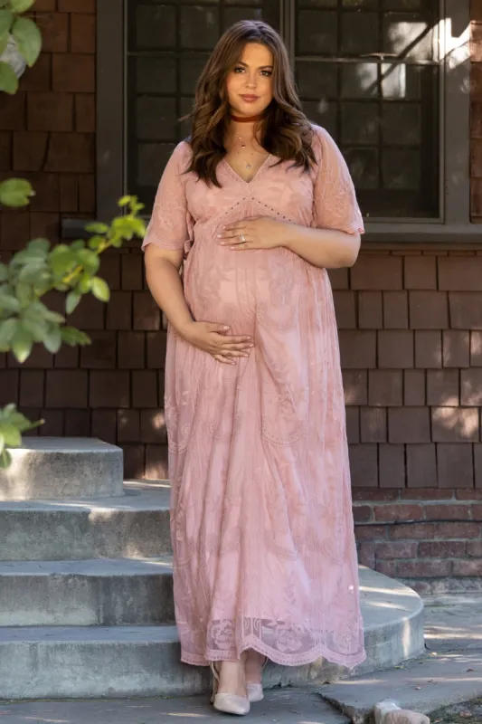 PinkBlush Light Pink Lace Mesh Overlay Plus Maternity Maxi Dress sold by Pinkblush