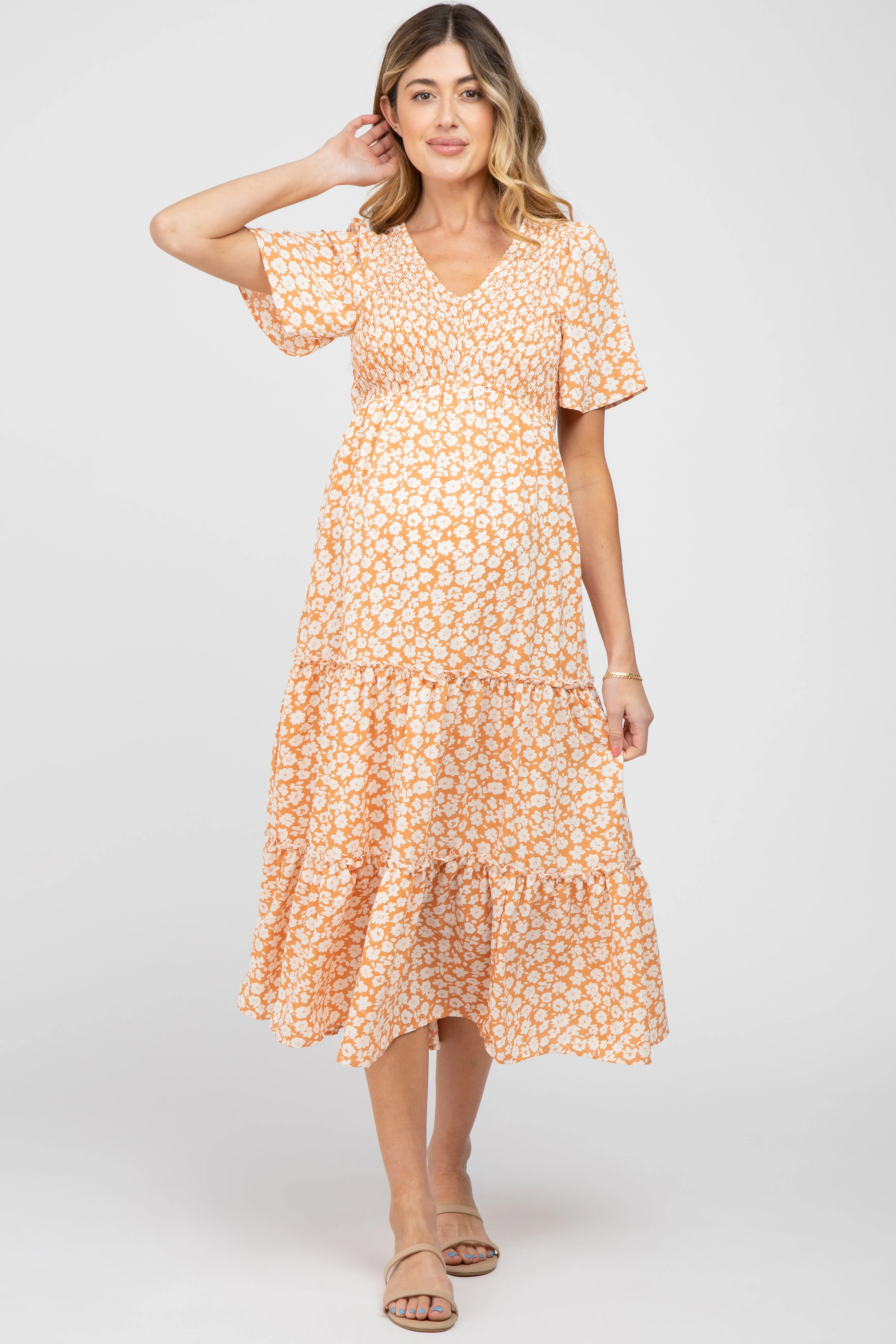 Peach Floral Tiered Maternity Midi Dress sold by Pinkblush