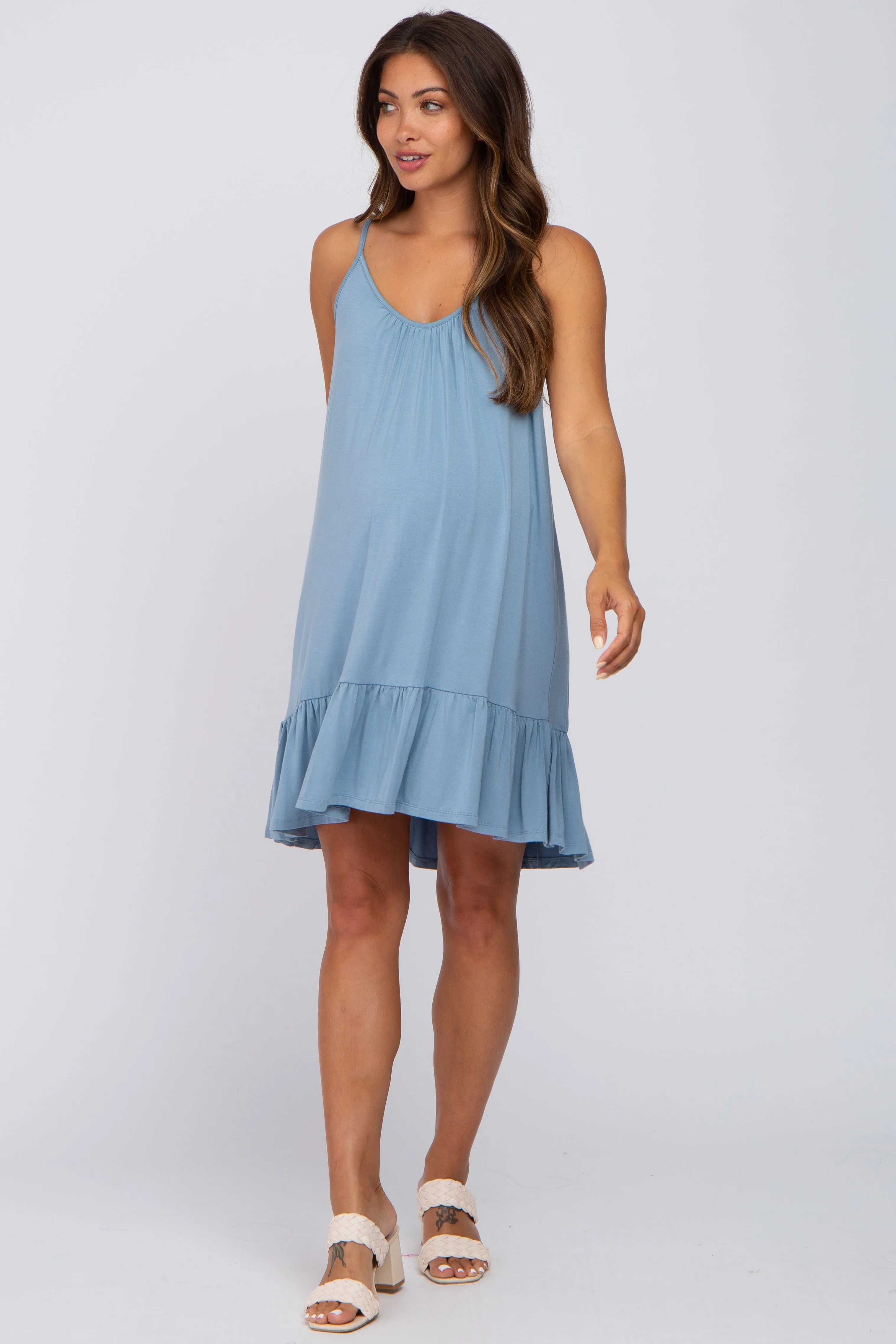 Light Blue Ruffle Hem Maternity Swing Dress sold by Pinkblush