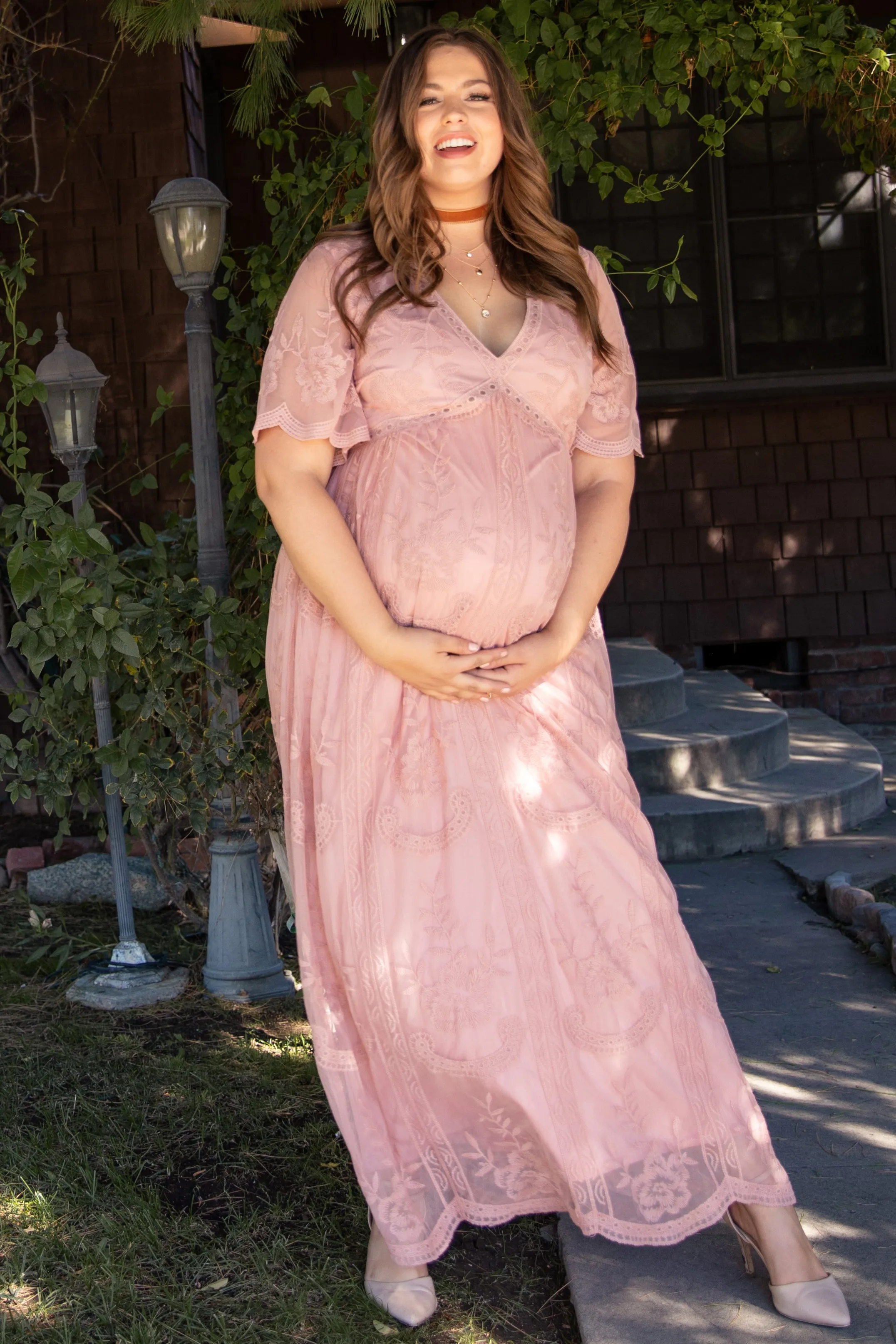 PinkBlush Light Pink Lace Mesh Overlay Plus Maternity Maxi Dress sold by Pinkblush product image thumbnail 5