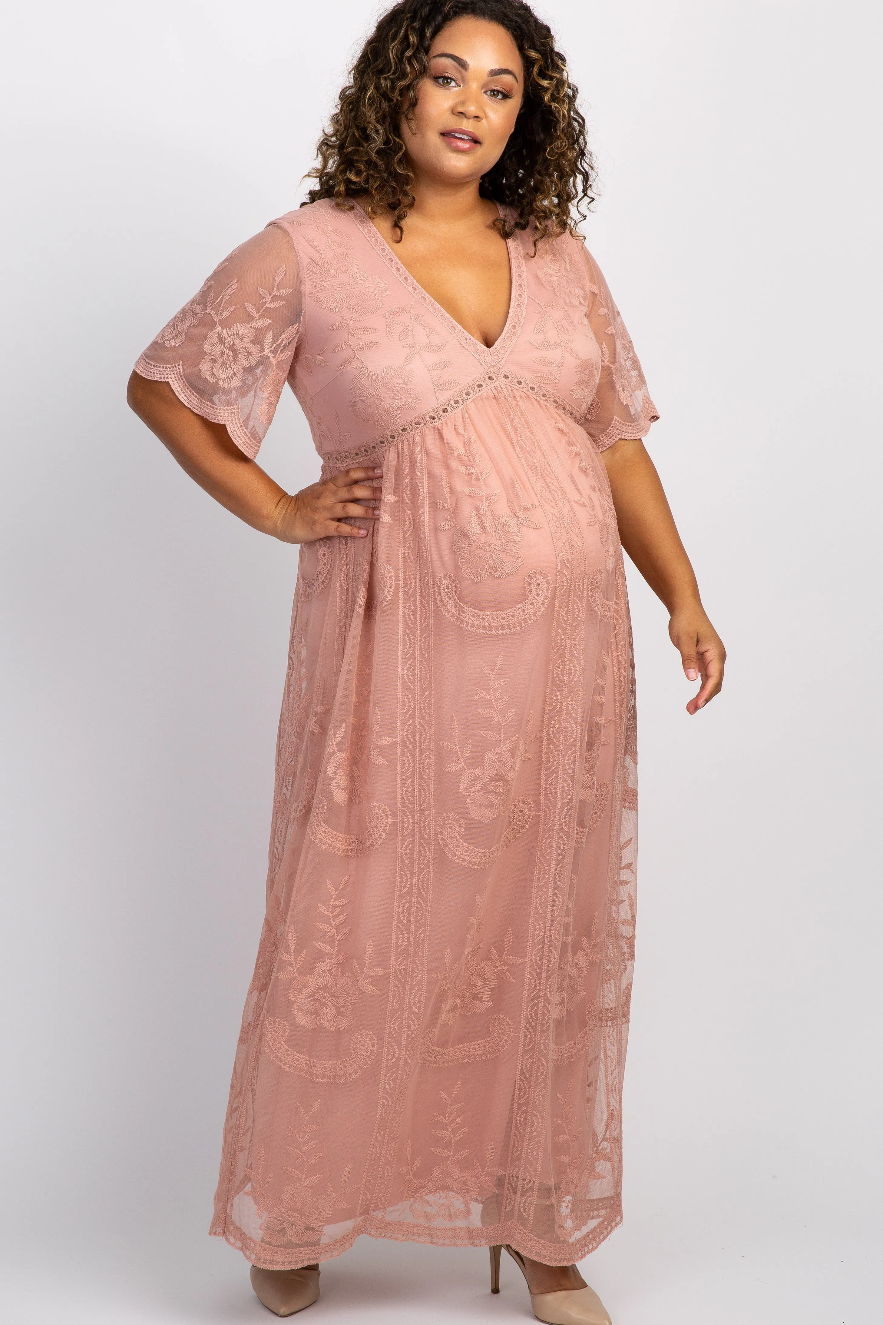 PinkBlush Light Pink Lace Mesh Overlay Plus Maternity Maxi Dress sold by Pinkblush product image thumbnail 2
