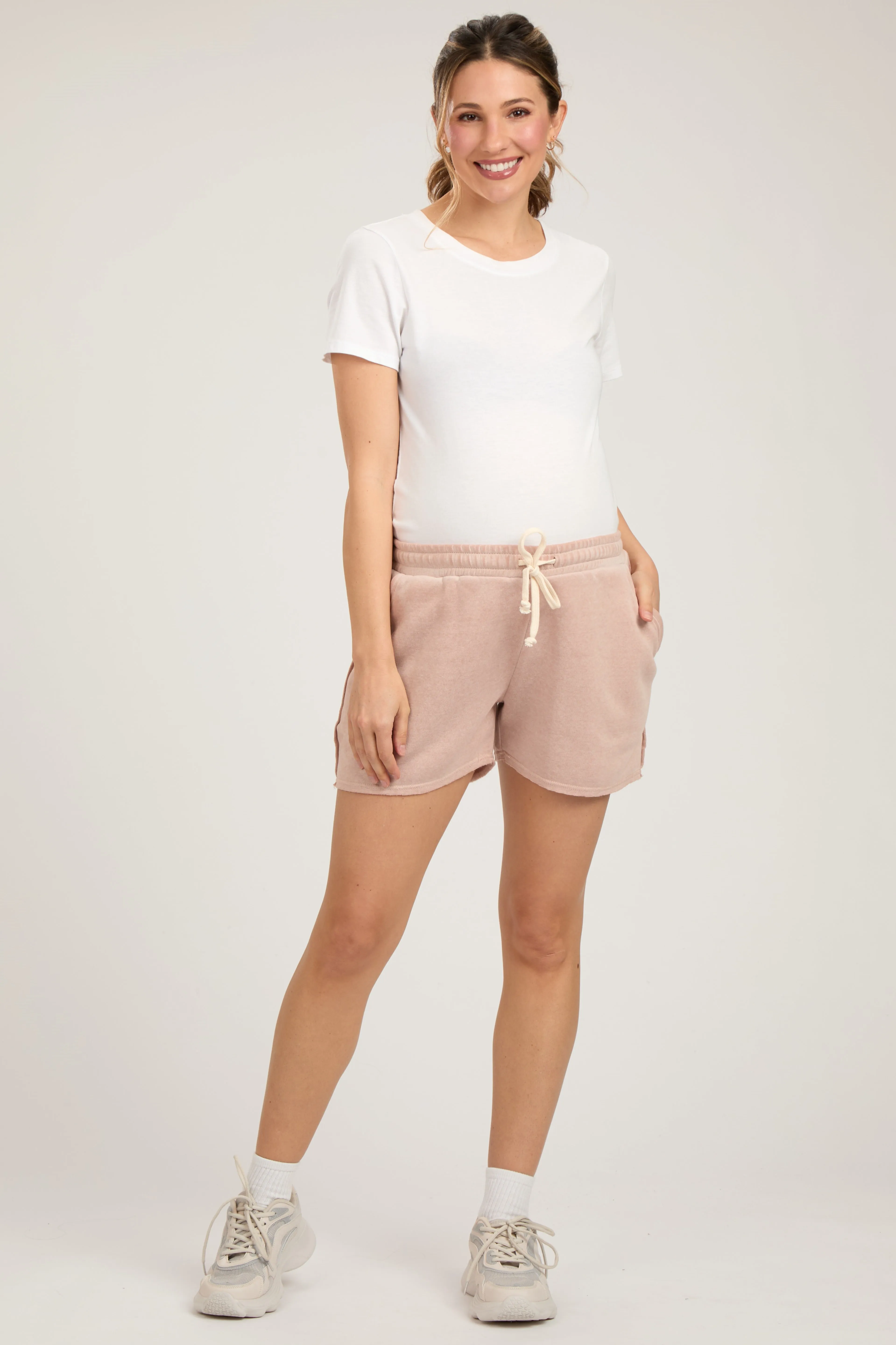 Beige Vintage Wash Maternity Drawstring Shorts sold by Pinkblush product image thumbnail 2