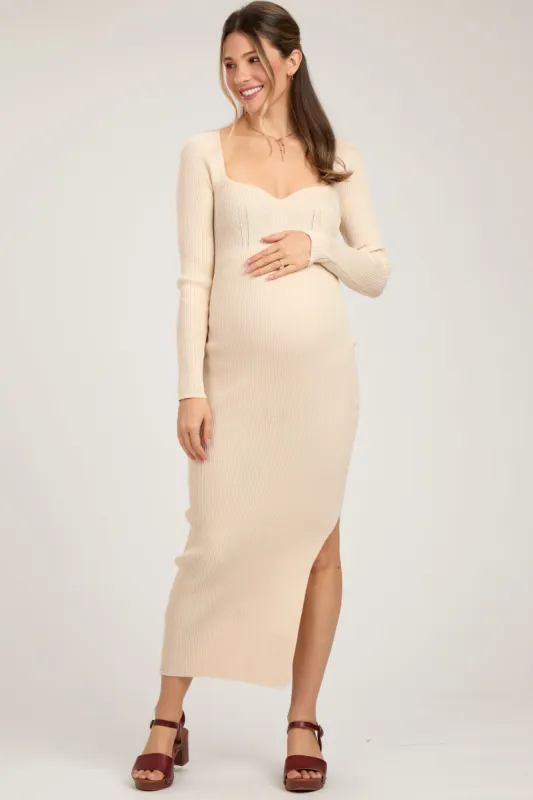Cream Rib Knit Long Sleeve Maternity Maxi Dress sold by Pinkblush