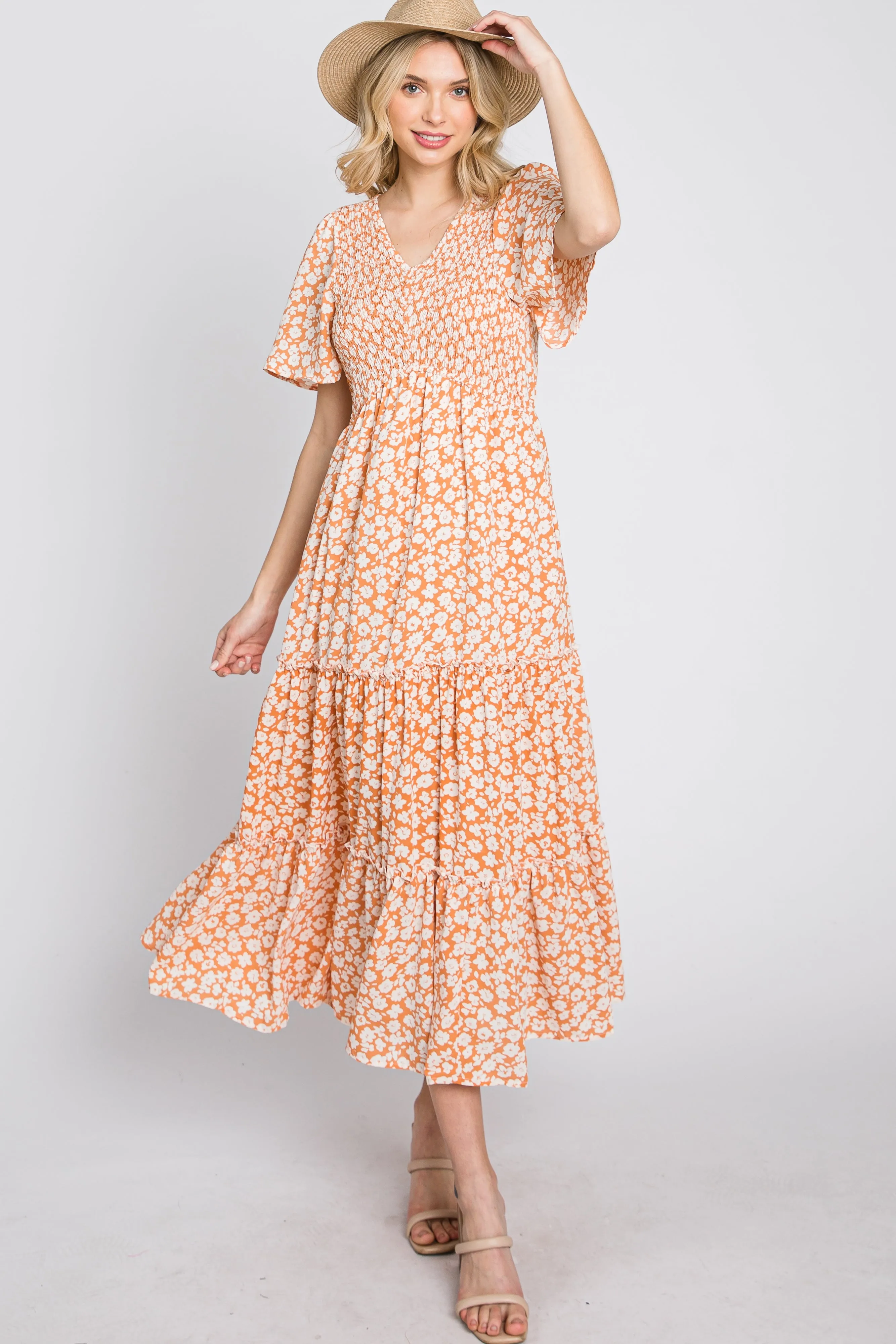 Peach Floral Tiered Maternity Midi Dress sold by Pinkblush product image thumbnail 5