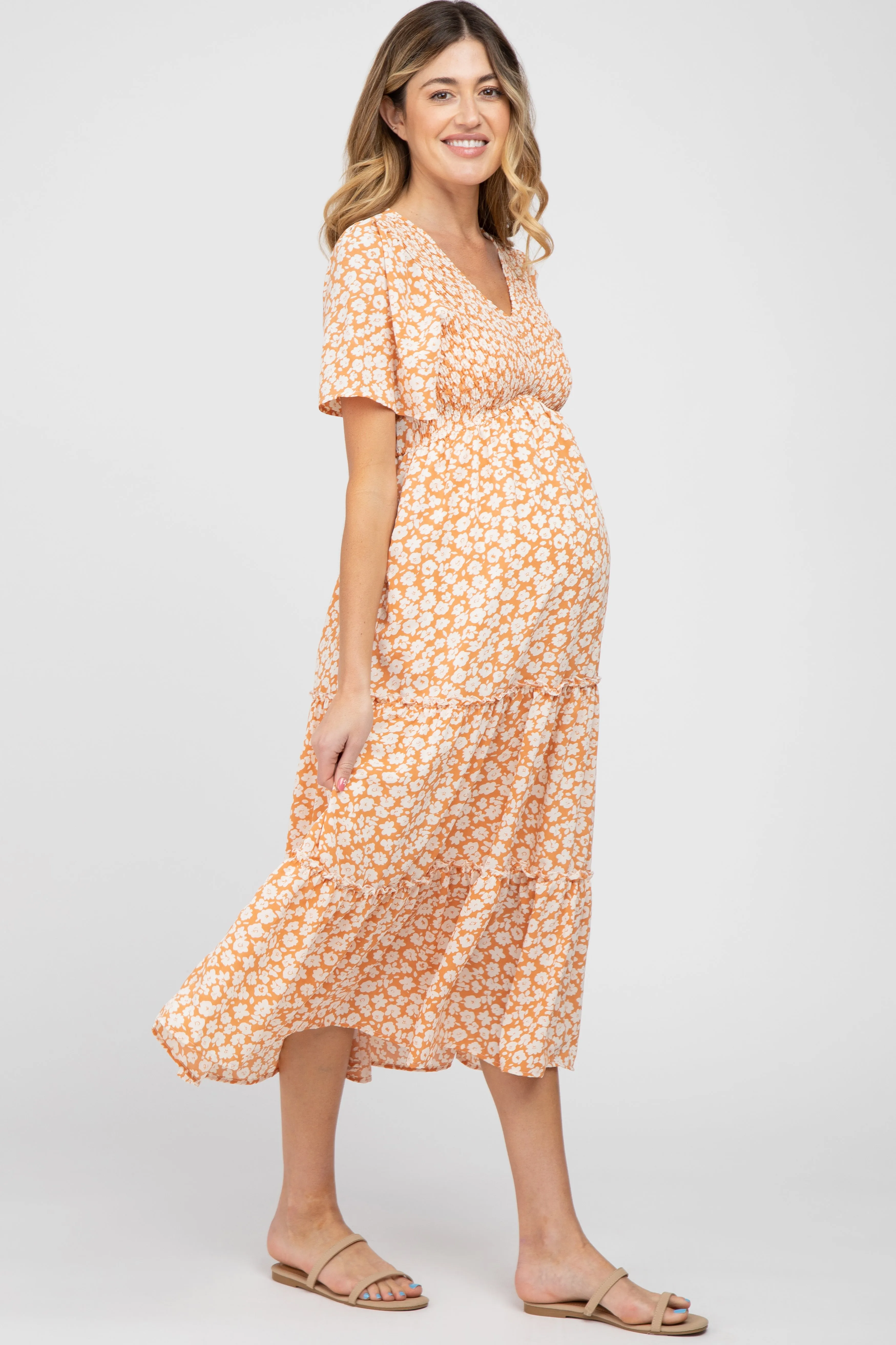 Peach Floral Tiered Maternity Midi Dress sold by Pinkblush product image thumbnail 2