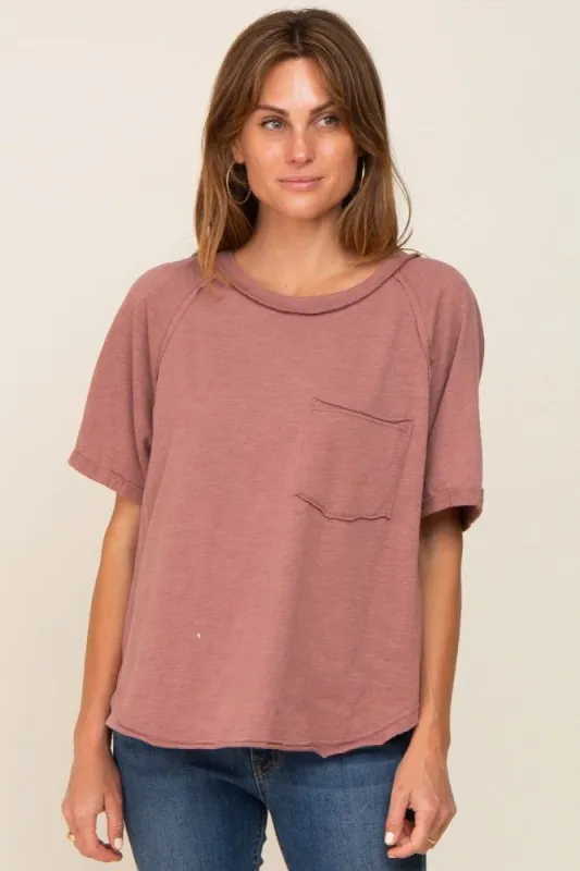 Rust Front Pocket Raw Edge Trim Short Sleeve Top sold by Pinkblush