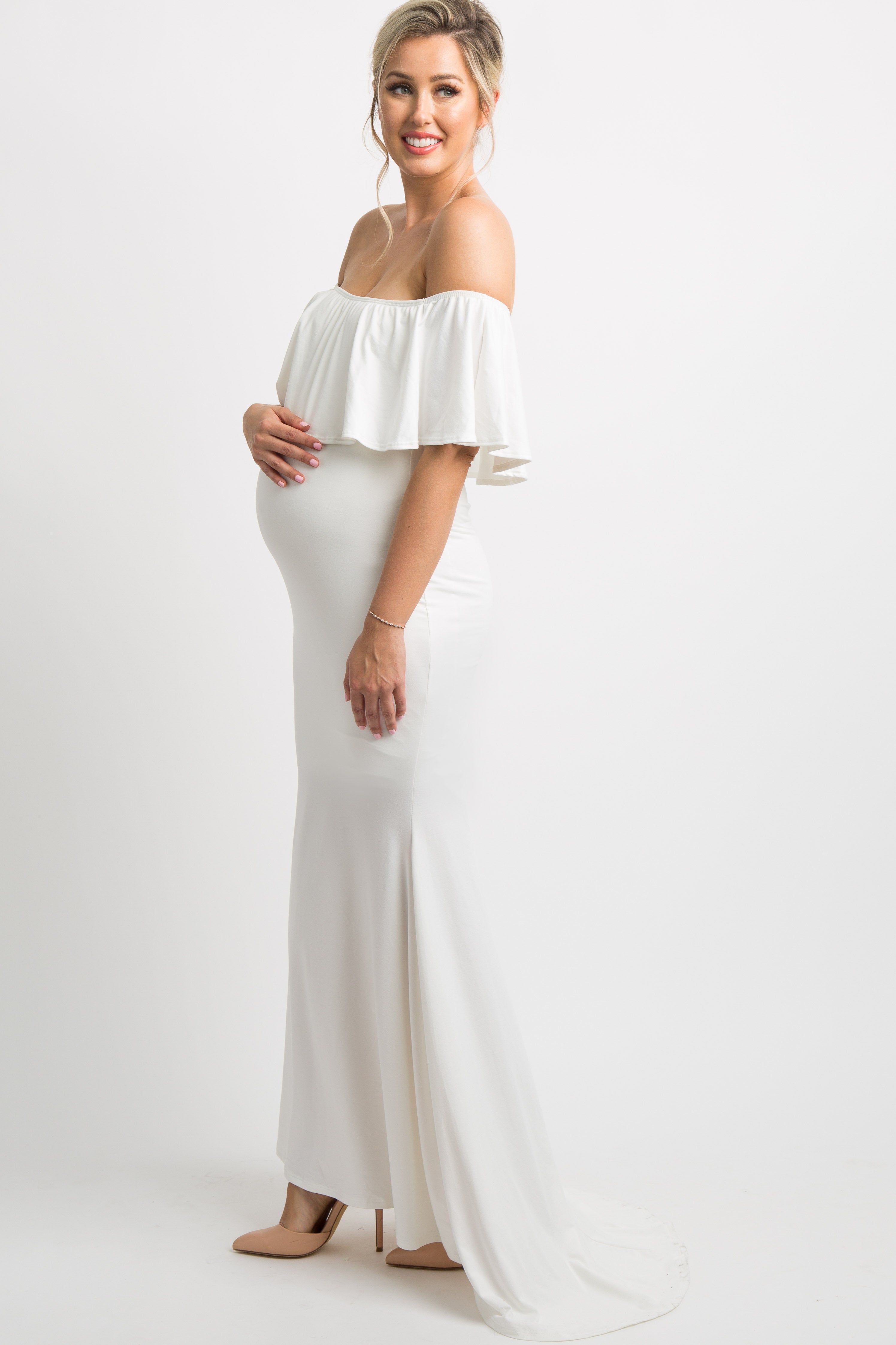 PinkBlush Ivory Ruffle Off Shoulder Mermaid Maternity Photoshoot Gown/Dress sold by Pinkblush product image thumbnail 2