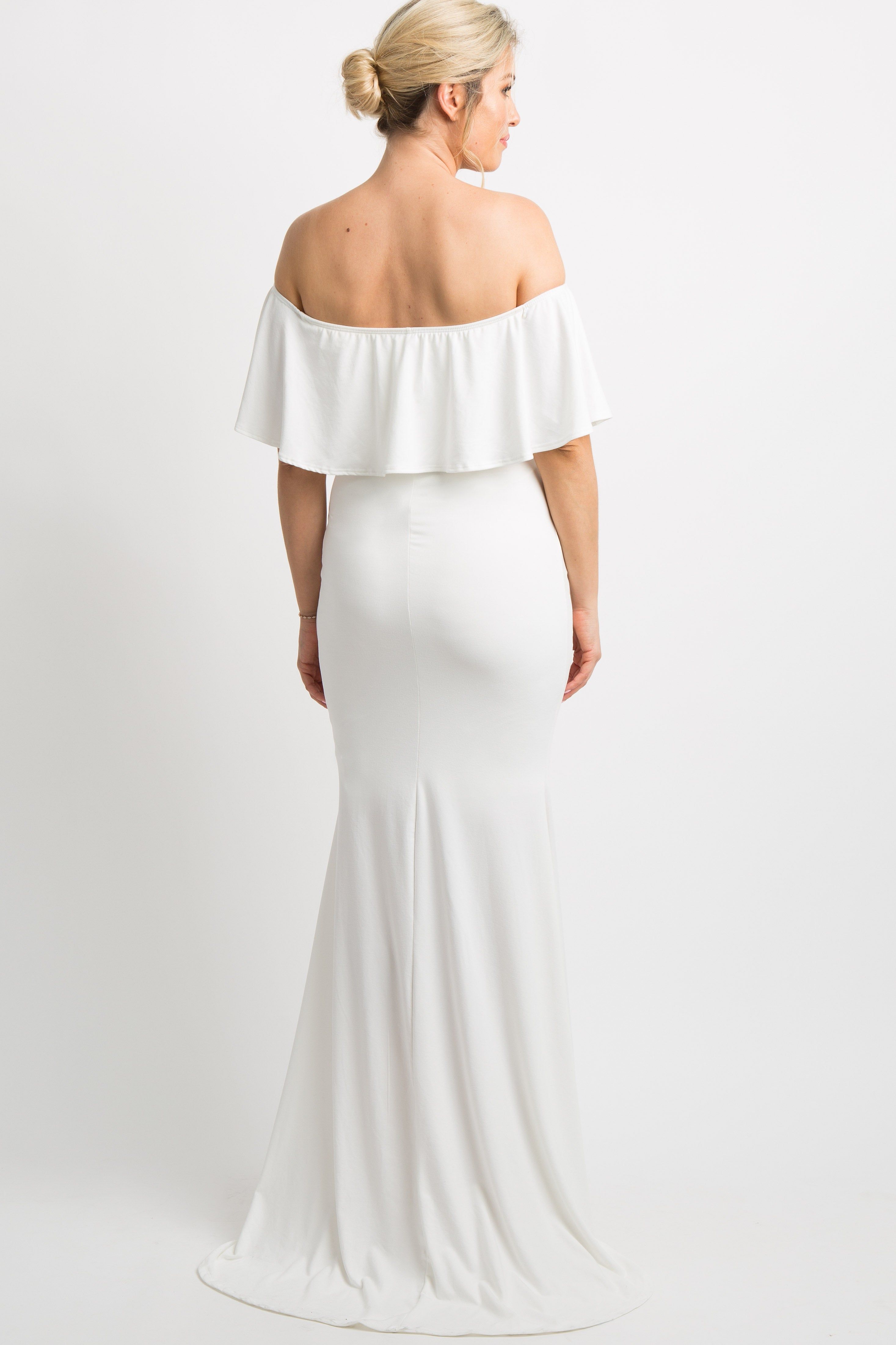 PinkBlush Ivory Ruffle Off Shoulder Mermaid Maternity Photoshoot Gown/Dress sold by Pinkblush product image thumbnail 3