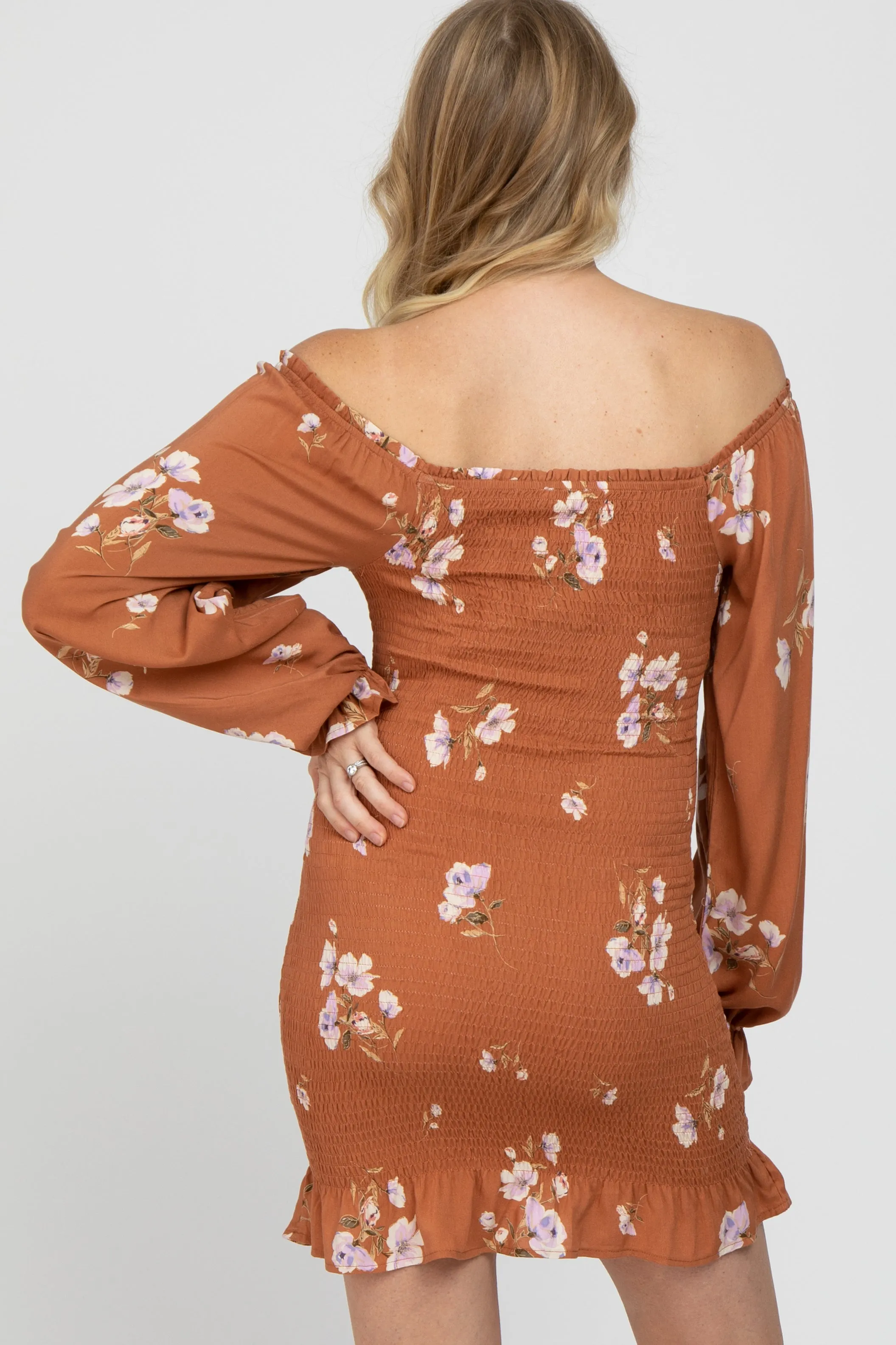 Camel Floral Long Sleeve Smocked Maternity Mini Dress sold by Pinkblush product image thumbnail 5