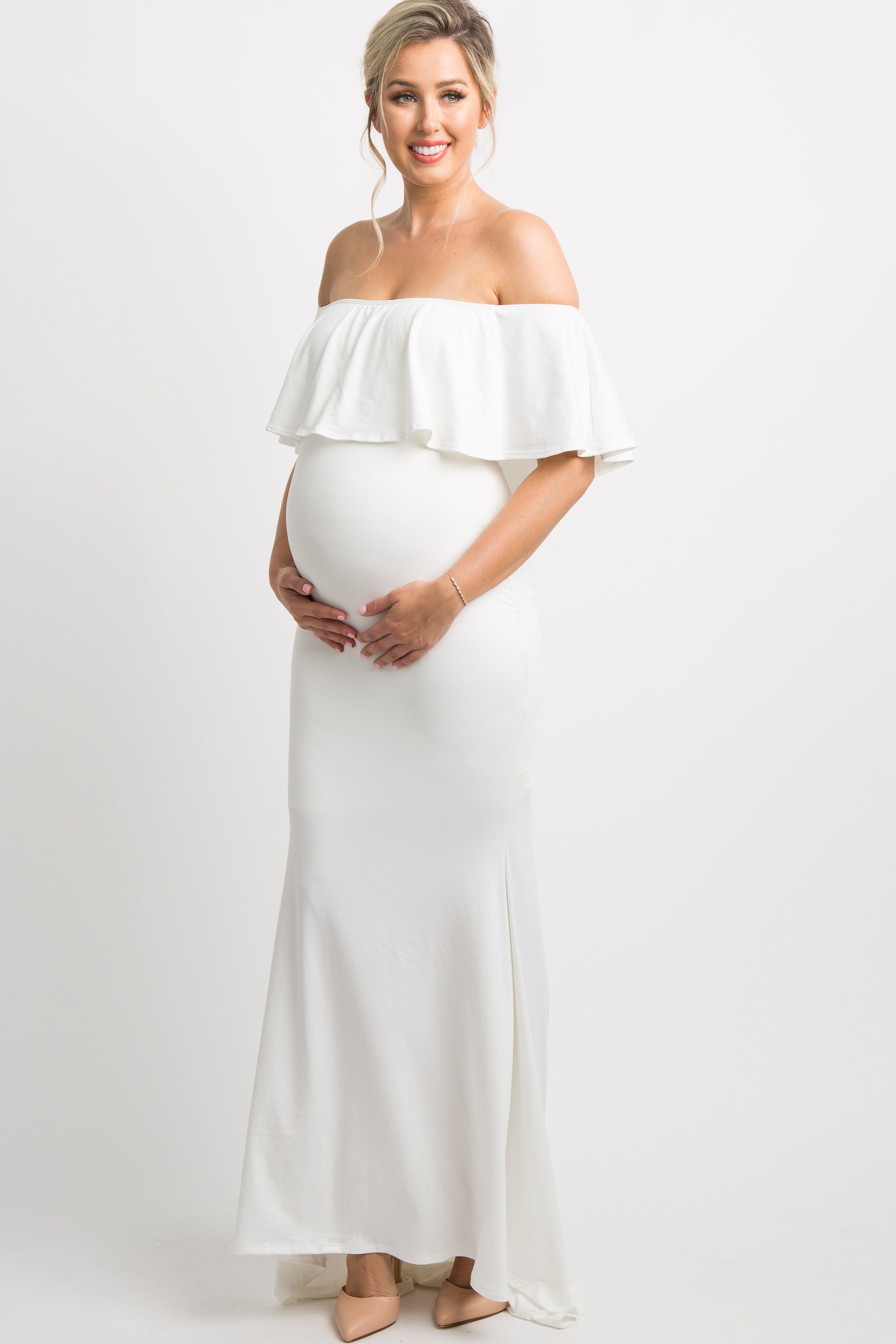 PinkBlush Ivory Ruffle Off Shoulder Mermaid Maternity Photoshoot Gown/Dress sold by Pinkblush