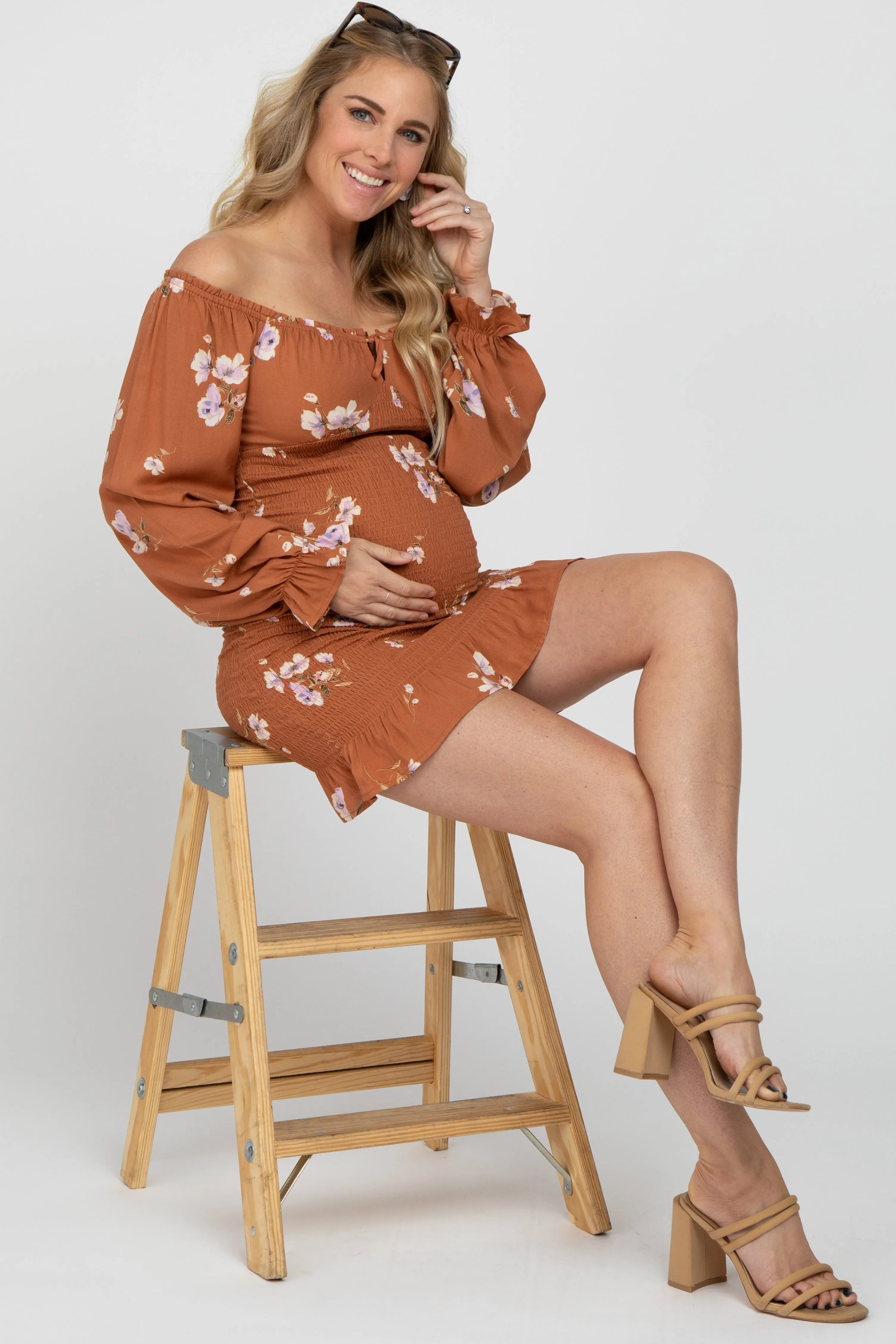 Camel Floral Long Sleeve Smocked Maternity Mini Dress sold by Pinkblush product image thumbnail 3