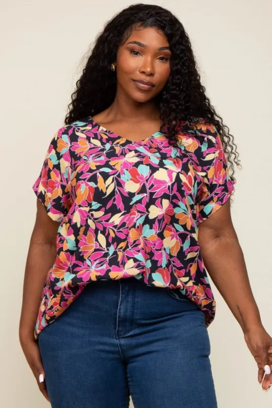 Black Floral V-Neck Short Sleeve Plus Top sold by Pinkblush