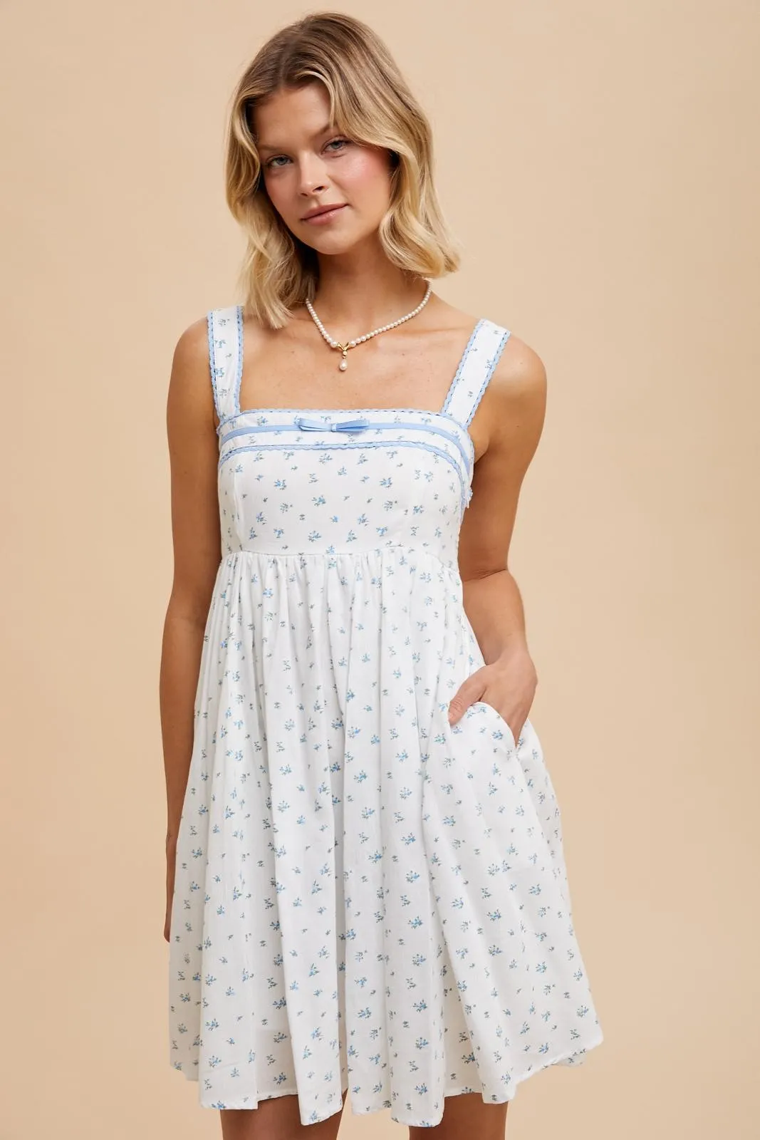 Blue Floral Bow Detail Mini Dress sold by Pinkblush