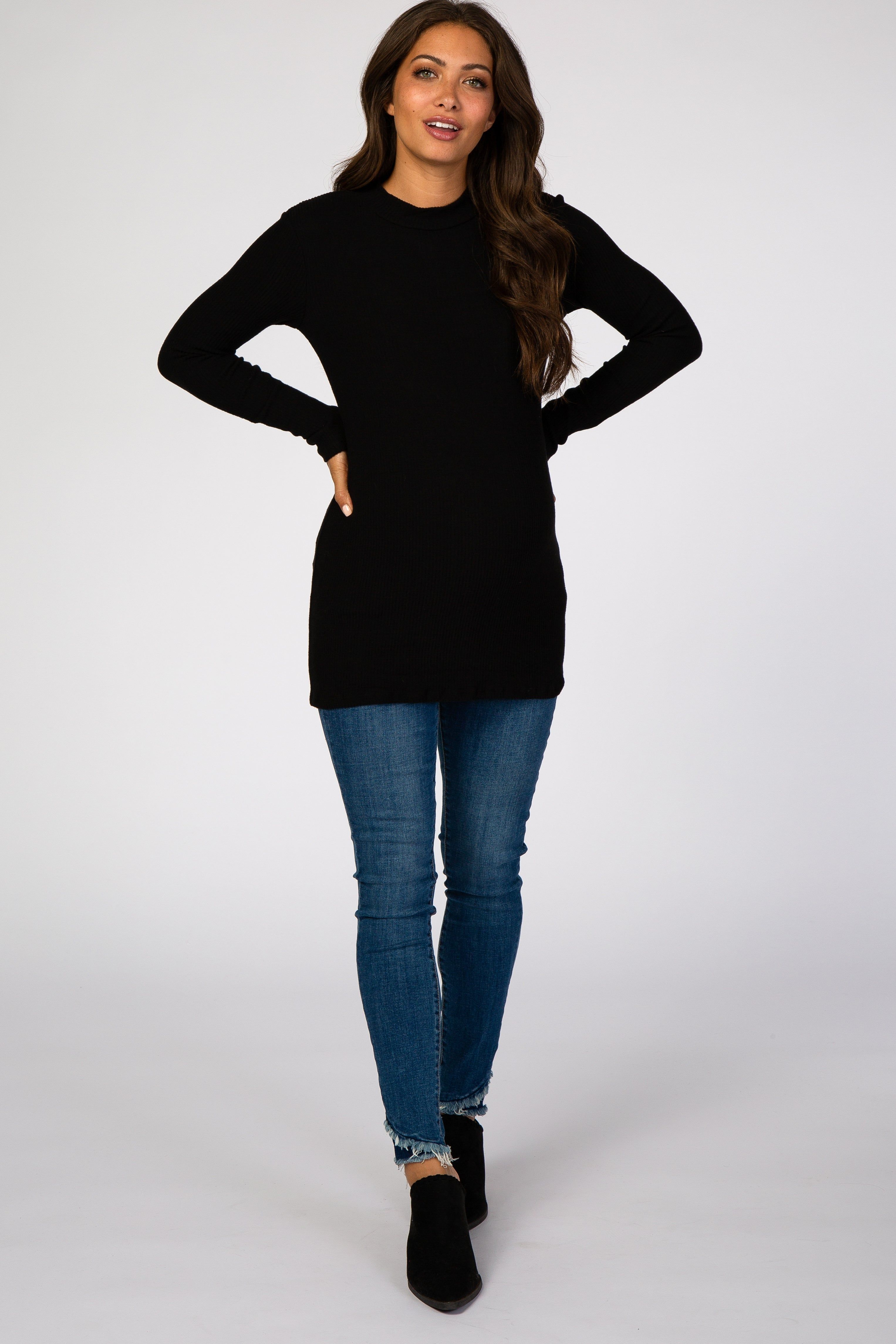 Black Ribbed Long Sleeve Mock Neck Maternity Top sold by Pinkblush product image thumbnail 2