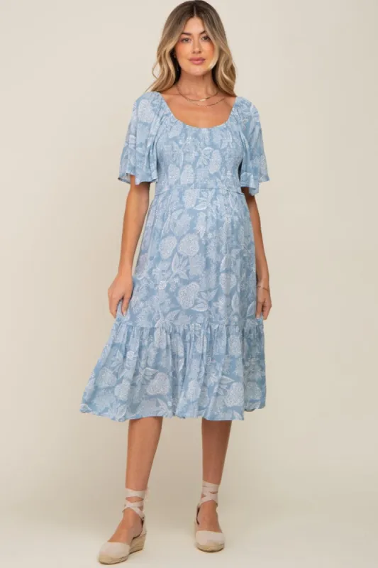 Blue Floral Smocked Maternity Midi Dress sold by Pinkblush