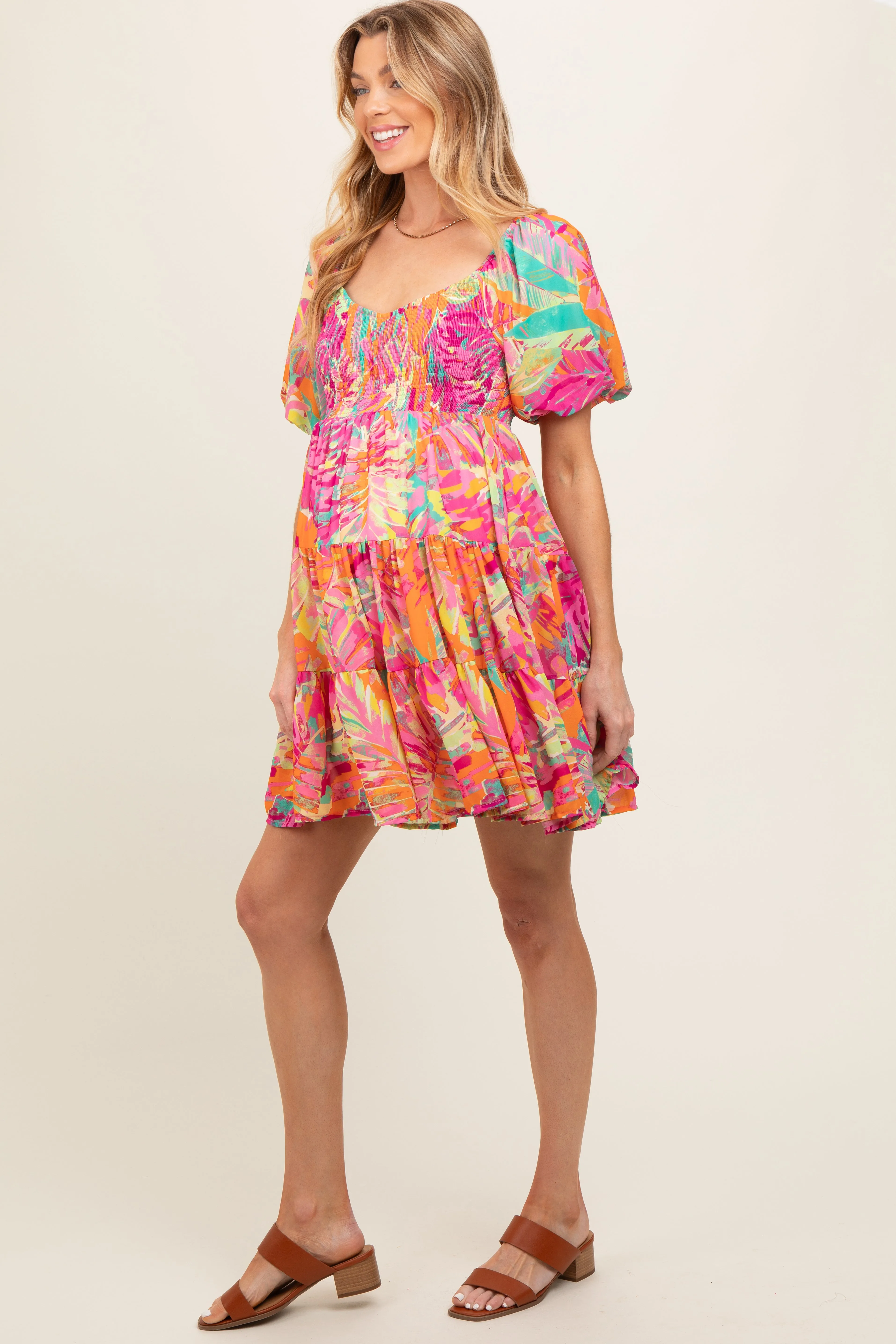 Fuchsia Printed Smocked Puff Sleeve Maternity Dress sold by Pinkblush product image thumbnail 3